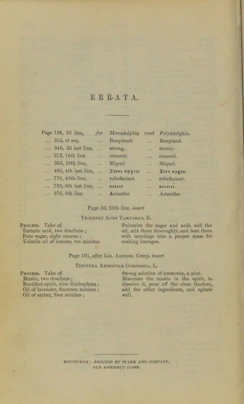 E R R-A T A Page 198, 2d line, ... 315, et seq. ... 340, 3d last line, ... 373, 18th line ... 383, 16th line, ... 405, 4th last line, ... 776, 45th line, ... 789, 9th last line, ... 976, 6th line for Monadelphia Bonplandt ... strong, creazoti ... Miguel ItHVt ... rubefaciant ... KIKIOt Antarthe read Polvadelphia. Bonpland. stoncy. ... creasoti. ... MiqueL ... 2tK.ii etyfix. rubefacient. ... KIX.IICV. ,.. Artanthe. Page 50, 25th line, insert Trochisci Acidi Tartarici, E. Process. Take of Tartaric acid, two drachms ; Pure sugar, eight ounces ; Volatile oil of lemons, ten minims. Pulverize the sugar and acid, add the oil, mix them thoroughly, and beat them with mucilage into a proper mass for making lozenges. Page 101, after Lin. Ammon. Comp, insert Tinctura Ammonlab Composita, L. Process. Take of Mastic, two drachms ; Rectified-spirit, nine fluidrachms ; Oil of lavender, fourteen minims ; Oil of amber, four minims ; Strong solution of ammonia, a pint. Macerate the mastic in the spirit, to dissolve it, pour oft’ the clear tincture, add the other ingredients, and agitate well. EDINBURGH : PRINTED BV STARK AND COMPANY, 01.D ASSEMBLY CLOSE.