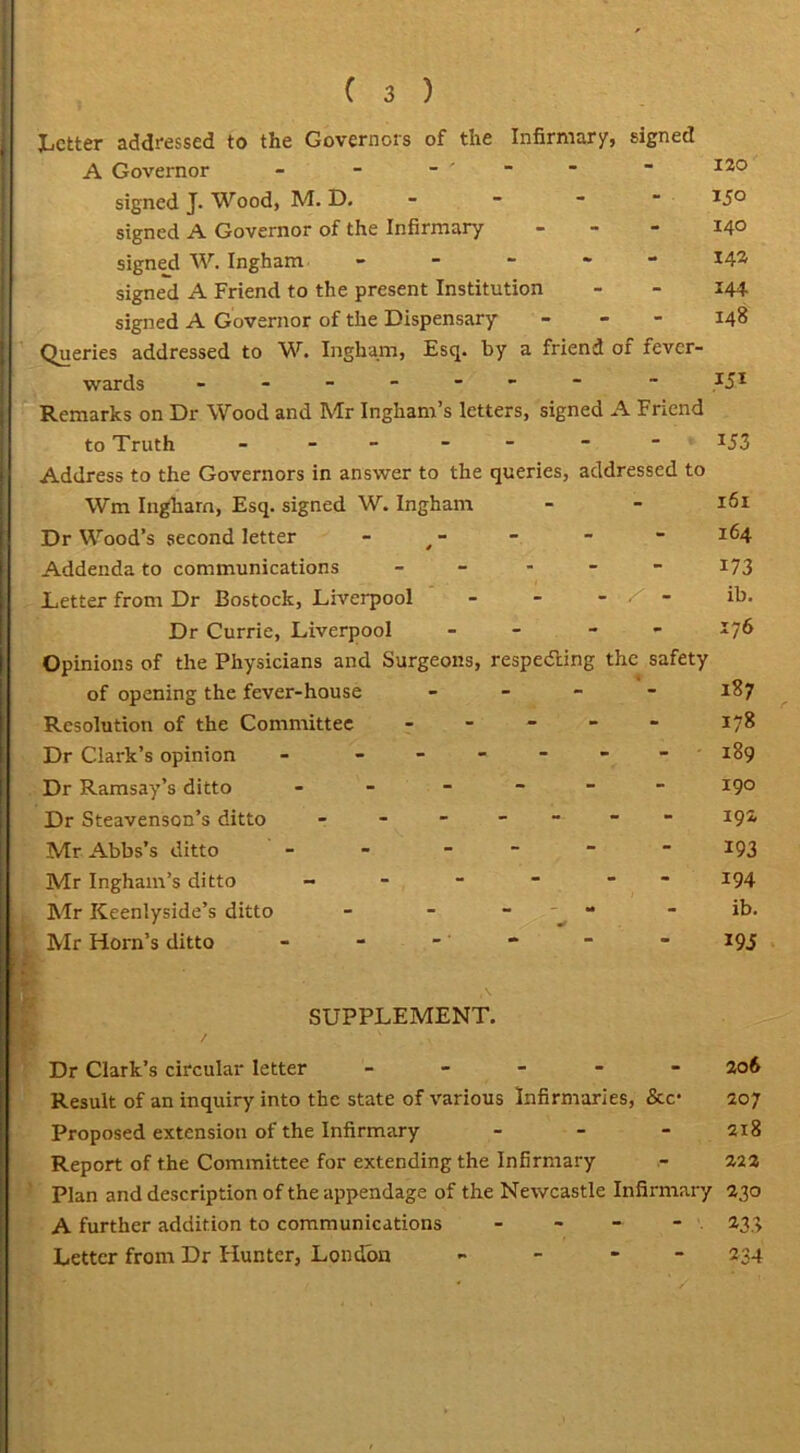 Letter addressed to the Governors of the Infirmary, signed A Governor - - - '  120 signed J. Wood, M. D. - ■ I5° signed A Governor of the Infirmary - 14° signed W. Ingham - *42 signed A Friend to the present Institution - - 144 signed A Governor of the Dispensary - J48 Queries addressed to W. Ingham, Esq. by a friend of fever- wards ------ - - 151 Remarks on Dr Wood and Mr Ingham’s letters, signed A Friend to Truth - - - - Address to the Governors in answer to the Wm Ingharn, Esq. signed W. Ingham Dr Wood’s second letter - y - Addenda to communications Letter from Dr Bostock, Liverpool Dr Currie, Liverpool Opinions of the Physicians and Surgeons, of opening the fever-house Resolution of the Committee Dr Clark’s opinion - ------ 189 Dr Ramsay’s ditto - - - - - 190 Dr Steavenson’s ditto - - ----- 192, Mr Abbs’s ditto - - - I93 Mr Ingham’s ditto - - - ■ ■ J94 Mr Keenlyside’s ditto - - - “ - ib. , Mr Horn’s ditto - - - - ’ - - *95 SUPPLEMENT. Dr Clark’s circular letter ----- 206 Result of an inquiry into the state of various Infirmaries, &c* 207 Proposed extension of the Infirmary - - - 218 Report of the Committee for extending the Infirmary - 222 Plan and description of the appendage of the Newcastle Infirmary 230 A further addition to communications - - - - 233 Letter from Dr Hunter, London - 234 queries, addressed to respecting the safety 153 161 164 173 ib. 176 187 178