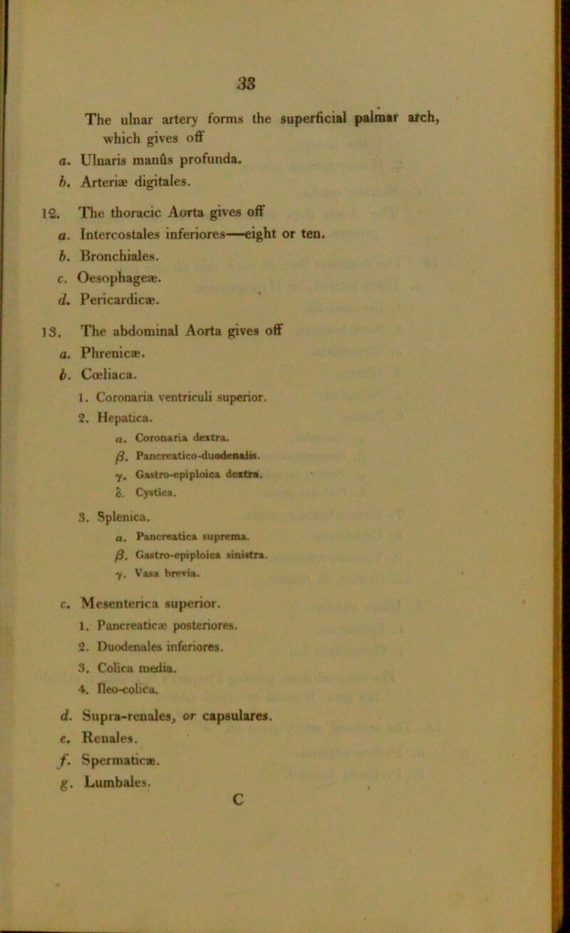 The ulnar artery forms the superficial palmar arch, which gives off a. Ulnaris manfis profunda. b. Arteriae digitales. 12. The thoracic Aorta gives off a. Intercostales inferiores—eight or ten. b. Bronchiales. c. Oesophage®. d. Pericardic®. 13. The abdominal Aorta gives off a. Phrenic®. t>. Coeliaca. 1. Coronaria ventriculi superior. 2. Hepatica. a. Coronaria dextra. 0. Pancreatico-duodeaalk. y. Gastro-epiploica dextra. 0. Cystica. 3. Splenica. a. Pancreatica suprema. [3. Gastro-epiploica sinistra. y. Vasa brevia. c. Mesenterica superior. 1. Pancreatic® posteriores. 2. Duodenales inferiores. 3. Colica media. 4. tleo-colica. d. Supra-renales, or capsulares. e. Renales. f. Spermatic®. g. Lumbales. C