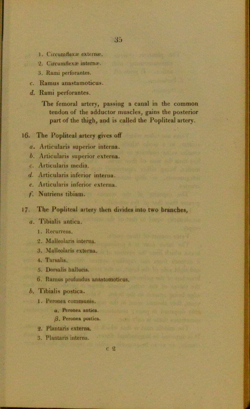 1. Circumflex a1 externa*. 2. Circumflex* interna*. 3. Rami perforantes. c. Ramus anastamoticus. d. Rami perforantes. The femoral artery, passing a canal in the common tendon of the adductor muscles, gains the posterior part of the thigh, and is called the Popliteal artery. 16. The Popliteal artery gives off a. Articularis superior interna. b. Articularis superior externa. c. Articularis media. d. Articularis inferior interna. e. Articularis inferior externa. f. Nutriens tibiam. 17- The Popliteal artery then divides into two branches, a. Tibialis antica. 1. llecurrens. 2. Malleolaris interna. 3. Malleolaris externa. 4. Tarsalis. 5. Dorsalis hallucis. 6. Ramus profundus anastomoticus. b. Tibialis postica. 1. Peronea communis. a. Peronea antica. (3. Peronea postica. 2. Plantaris externa. 3. Plantaris interna. C 2