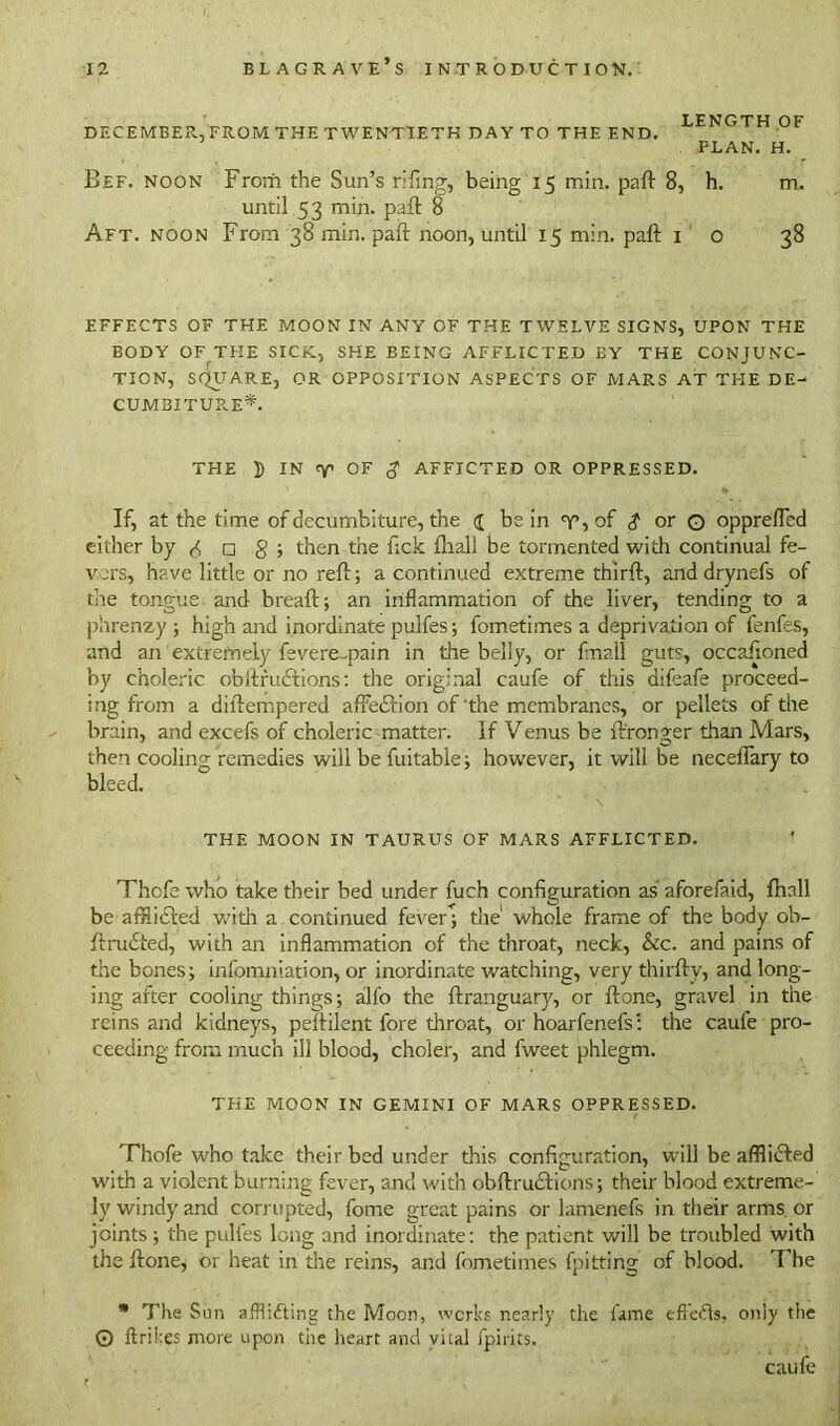 DECEMBER, FROM THE TWENTIETH DAY TO THE END. LENGTH OF PLAN. H. Bef. noon From the Sun’s rifing, being 15 min. part 8, h. m. until 53 min. part 8 Aft. noon From 38 min. paft noon, until 15 min. paft 10 38 EFFECTS OF THE MOON IN ANY OF THE TWELVE SIGNS, UPON THE BODY OF THE SICK, SHE BEING AFFLICTED BY THE CONJUNC- TION, SC£UAR.E, OR OPPOSITION ASPECTS OF MARS AT THE DE- CUMBITURE*. THE X) IN V OF $ AFFICTED OR OPPRESSED. If, at the time of decumfciture, the j be in T, of $ or o oppreffed either by C □ g ; then the fick fliall be tormented with continual fe- vers, have little or no reft; a continued extreme thirft, and drynefs of fire tongue and bread:; an inflammation of the liver, tending to a phrenzy; high and inordinate pulfes; fometimes a deprivation of fenfes, and an extremely fevere-pain in the belly, or fmall guts, occafioned by choleric obstructions: the original caufe of this difeafe proceed- ing from a diftempered affection of'the membranes, or pellets of the brain, and excels of choleric matter. If Venus be ftronger than Mars, then cooling remedies will be fuitable; however, it will be neceffary to bleed. THE MOON IN TAURUS OF MARS AFFLICTED. Thofe who take their bed under fuch configuration as aforefaid, fhall be afflicted with a continued fever*; the1 whole frame of the body ob- ftrudted, with an inflammation of the throat, neck, &c. and pains of the bones; infomniation, or inordinate watching, very thirftv, and long- ing after cooling things; ailfo the ftranguary, or ftone, gravel in the reins and kidneys, peftilent fore throat, or hoarfenefs: the caufe pro- ceeding from much ill blood, choler, and fweet phlegm. THE MOON IN GEMINI OF MARS OPPRESSED. Thofe who take their bed under this configuration, will be afflicted with a violent burning fever, and with obftruclions; their blood extreme- ly windy and corrupted, fome great pains or lamenefs in their arms or joints ; the pulfes long and inordinate: the patient will be troubled with the ftone, or heat in the reins, and fometimes fpitting of blood. The * The Sun afflicting the Moon, works nearly the fame effefts, only the © ftrikes more upon the heart and vital fpirits. caufe