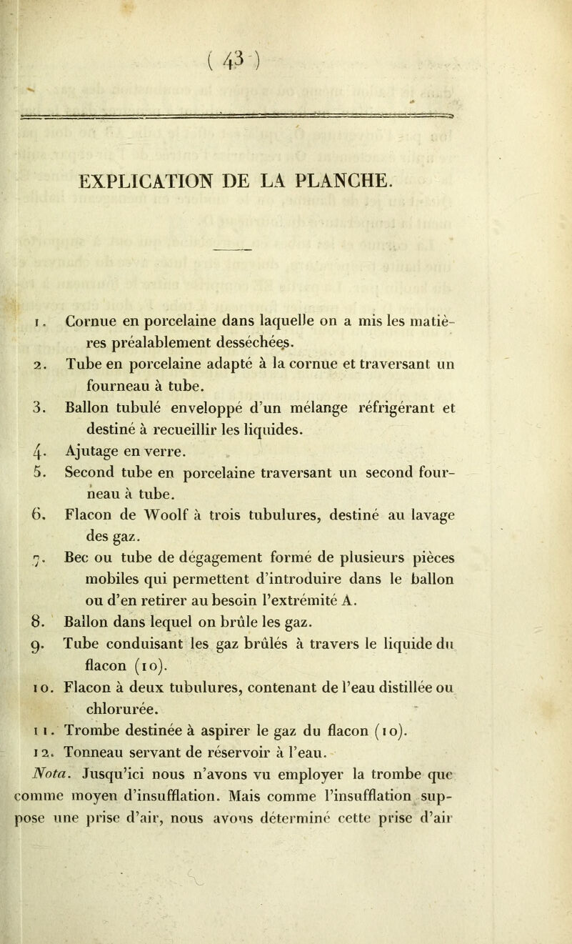 EXPLICATION DE LA PLANCHE. 1. Cornue en porcelaine dans laquelle on a mis les matiè- res préalablement desséchée^. 2. Tube en porcelaine adapté à la cornue et traversant un fourneau à tube. 3. Ballon tubulé enveloppé d’un mélange réfrigérant et destiné à recueillir les liquides. 4. Ajutage en verre. 5. Second tube en porcelaine traversant un second four- neau à tube. 6. Flacon de Woolf à trois tubulures, destiné au lavage des gaz. 7. Bec ou tube de dégagement formé de plusieurs pièces mobiles qui permettent d’introduire dans le ballon ou d’en retirer au besoin l’extrémité A. 8. Ballon dans lequel on brûle les gaz. 9. Tube conduisant les gaz brûlés à travers le liquide du flacon (10). 10. Flacon à deux tubulures, contenant de l’eau distillée ou chlorurée. I I. Trombe destinée à aspirer le gaz du flacon (10). 12. Tonneau servant de réservoir à l’eau. Nota. Jusqu’ici nous n’avons vu employer la trombe que comme moyen d’insufflation. Mais comme l’insufflation sup- pose une prise d’air, nous avons déterminé cette prise d’air V