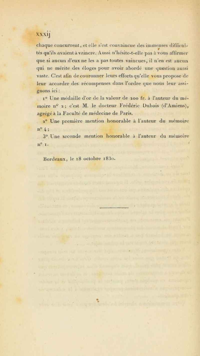 N chaque concurrent, et elle s’est convaincue des immenses difficul- tés qu’ils avaient à vaincre. Aussi n’hésite-t-elle pas à vous affirmer que si aucun d’eux ne les a pas toutes vaincues, il n’en est aucun qui ne mérite des éloges pour avoir abordé une question aussi vaste. C’est afin de couronner leurs efforts qu’elle vous propose de leur accorder des récompenses dans l’ordre que nous leur assi- gnons ici : i° Une médaille d’or de la valeur de 200 fr. à l’auteur du mé- moire n° 2; c’est M. le docteur Frédéric Dubois (d’Amiens), agrégé à la Faculté de médecine de Paris. 20 Une première mention honorable à l'auteur du mémoire n°4; 3° Une seconde mention honorable «à l’auteur du mémoire Bordeaux, le 18 octobre i83o.