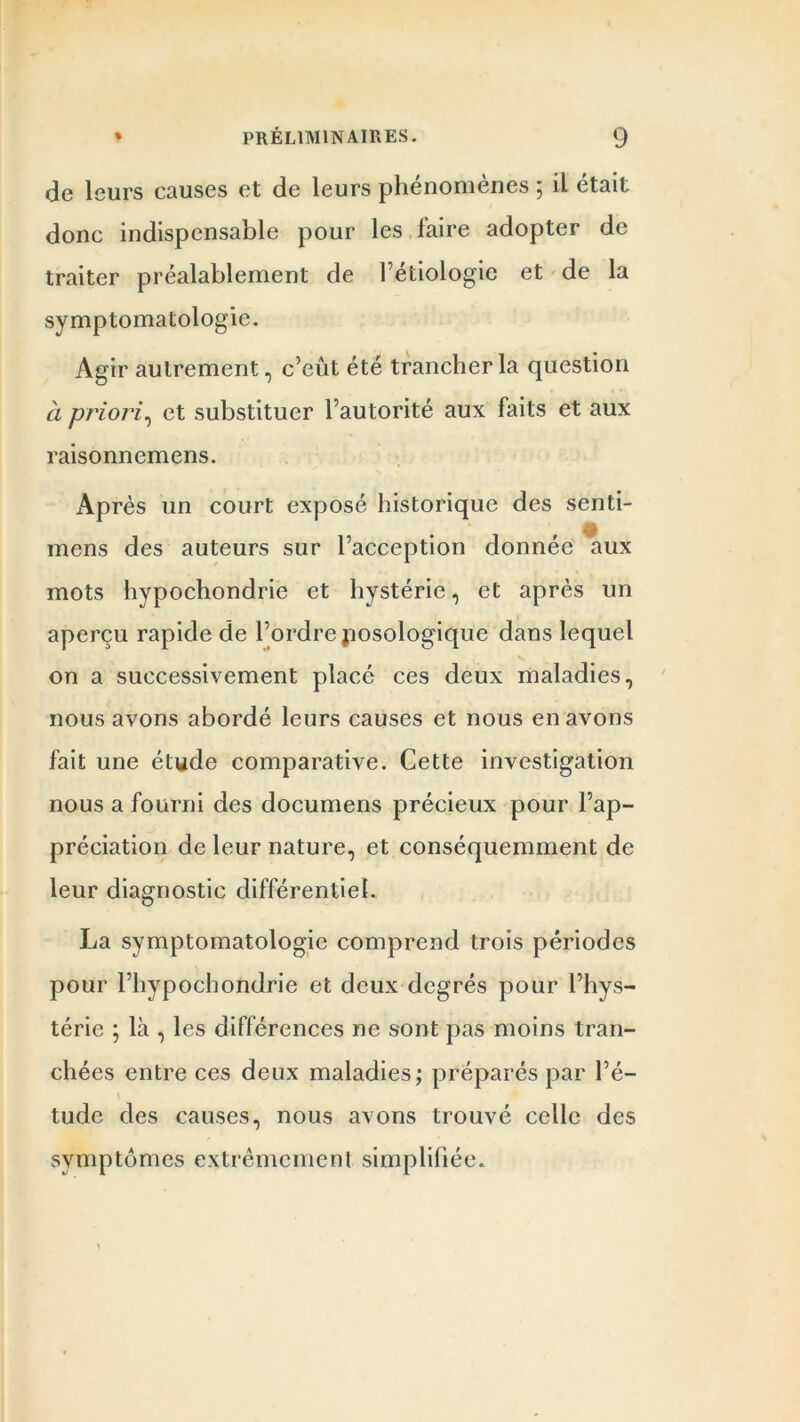 de leurs causes et de leurs phénomènes ; il était donc indispensable pour les faire adopter de traiter préalablement de l’étiologie et de la symptomatologie. Agir autrement, c’eût été trancher la question à priori, et substituer l’autorité aux faits et aux raisonnemens. Après un court exposé historique des senti- mens des auteurs sur l’acception donnée aux mots hypochondrie et hystérie, et après un aperçu rapide de l’ordre posologique dans lequel on a successivement placé ces deux maladies, nous avons abordé leurs causes et nous en avons fait une étude comparative. Cette investigation nous a fourni des documens précieux pour l’ap- préciation de leur nature, et conséquemment de leur diagnostic différentiel. La symptomatologie comprend trois périodes pour l’hypochondrie et deux degrés pour l’hys- térie ; là , les différences ne sont pas moins tran- chées entre ces deux maladies; préparés par l’é- i tude des causes, nous avons trouvé celle des symptômes extrêmement simplifiée.