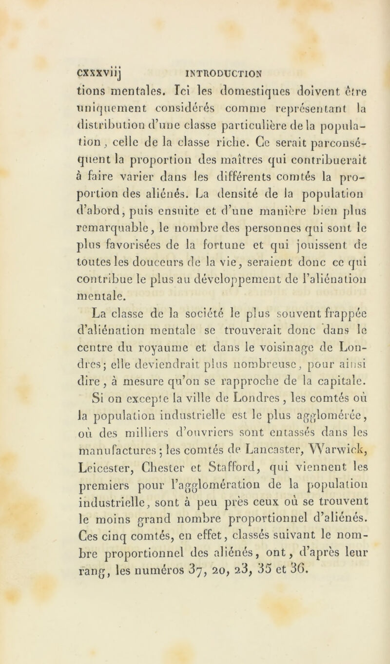 CXXXV11J INTRODUCTION lions mentales. Ici les domestiques doivent èîre uniquement considérés comme représentant la distribution d’une classe particulière delà popula- tion, celle de la classe riche. Ce serait parconsé- quent la proportion des maîtres qui contribuerait à faire varier dans les différents comtés la pro- portion des aliénés. La densité de la population d’abord, puis ensuite et d’une manière bien plus remarquable, le nombre des personnes qui sont le plus favorisées de la fortune et qui jouissent de toutes les douceurs de la vie, seraient donc ce qui contribue le plus au développement de l’aliénation mentale. La classe de la société le plus souvent frappée d’aliénation mentale se trouverait donc dans le centre du royaume et dans le voisinage de Lon- dres; elle deviendrait plus nombreuse, pour ainsi dire, à mesure qu’on se rapproche de la capitale. Si on excepte la ville de Londres, les comtés où la population industrielle est le plus agglomérée, où des milliers d’ouvriers sont entassés dans les manufactures; les comtés de Lancaster, Warwick, Leicester, Chester et Stafford, qui viennent les premiers pour l’agglomération de la population industrielle , sont à peu près ceux où se trouvent le moins grand nombre proportionnel d’aliénés. Ces cinq comtés, en effet, classés suivant le nom- bre proportionnel des aliénés, ont, d’après leur rang, les numéros 3y, 20, 23, 35 et 36.