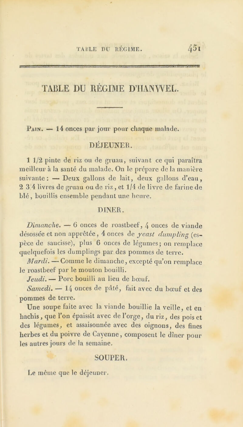 TAULE DU RÉGIME. 45 l TABLE DU RÉGIME D’HANWEL. Pain. — 14 onces par jour pour chaque malade. DÉJEUNER. 1 1/2 pinte de riz ou de gruau, suivant ce qui paraîtra meilleur à la santé du malade. On le prépare de la manière suivante: — Deux gallons de lait, deux gallons d’eau, 2 3 4 livres de gruau ou de riz, et 1/4 de livre de farine de blé, bouillis ensemble pendant une heure. DINER. Dimanche. — 6 onces de roastbeef, 4 onces de viande désossée et non apprêtée , 4 onces de yeast du mp lin g (es- pèce de saucisse), plus 6 onces de légumes; on remplace quelquefois les dumplings par des pommes de terre. Mardi. —Comme le dimanche, excepté qu’on remplace le roastbeef par le mouton bouilli. Jeudi. — Porc bouilli au lieu de bœuf. Samedi. — 14 onces de pâté, fait avec du bœuf et des pommes de terre. Une soupe faite avec la viande bouillie la veille, et en hachis, que l’on épaissit avec de l’orge, du riz, des pois et des légumes, et assaisonnée avec des oignons, des fines herbes et du poivre de Cayenne, composent le dîner poul- ies autres jours de la semaine. SOUPER. Le même que le déjeuner.