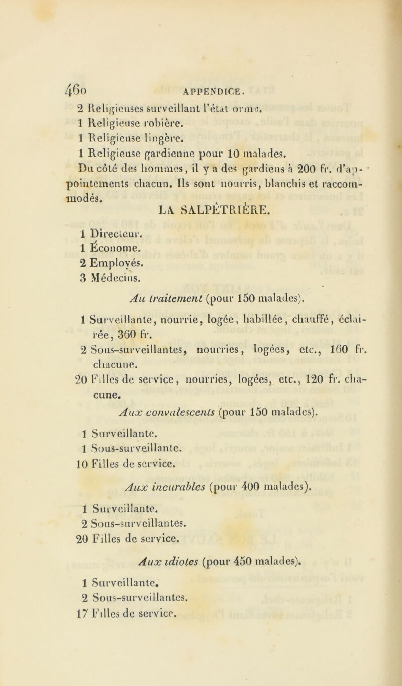 2 Religieuses surveillant l’état orma. 1 Religieuse robière. 1 Religieuse lingère. 1 Religieuse gardienne pour 10 malades. Du côté des hommes, il y a des gardiens à 200 Fr. d’ap- pointements chacun. Ils sont nourris, blanchis et raccom- modés. LA. SALPETRIERE. 1 Directeur. / 1 Econome. 2 Employés. 3 Médecins. Au traitement (pour 150 malades). 1 Surveillante, nourrie, logée, habillée, chauffé, éclai- rée, 360 fr. 2 Sous-surveillantes, nourries, logées, etc., 160 fr. chacune. 20 Filles de service, nourries, logées, etc., 120 fr. cha- cune. Aux convalescents (pour 150 malades). 1 Surveillante. 1 Sous-surveillante. 10 Filles de service. Aux incurables (pour 400 malades). 1 Surveillante. 2 Sous-surveillantes. 20 Filles de service. Aux idiotes (pour 450 malades). 1 Surveillante. 2 Sous-surveillantes. 17 Filles de service.