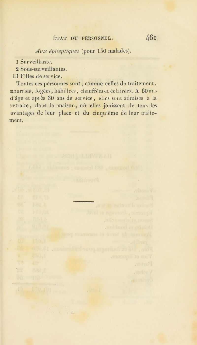 Aux épileptiques (pour 150 malades). 1 Surveillante. 2 Sous-surveillantes. 13 Filles de service. Toutes ces personnes sont, comme celles du traitement, nourries, logées, habillées, chauffées et éclairées. A 60 ans d’age et après 30 ans de service, elles sont admises à la retraite, dans la maison, où elles jouissent de tous les avantages de leur place et du cinquième de leur traite- ment.