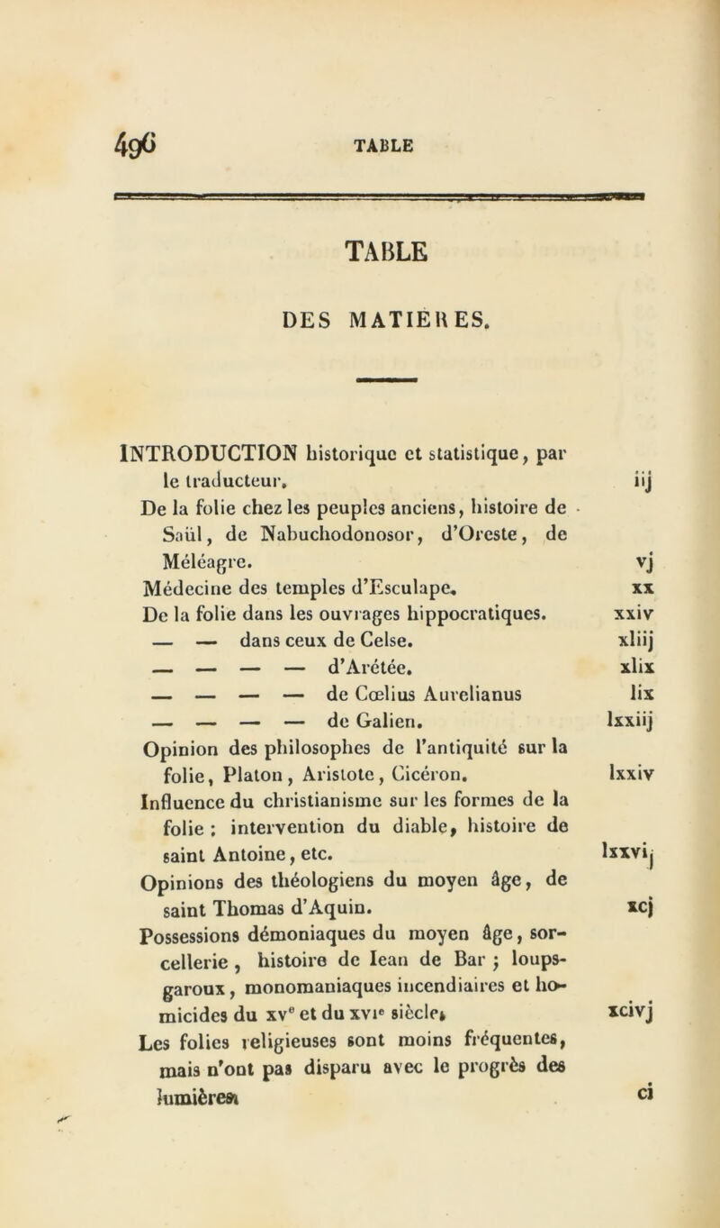 TABLE DES MATIERES. INTRODUCTION historique et statistique, par le traducteur. iij De la folie chez les peuples anciens, histoire de • Soiil, de Nabuchodonosor, d’Oreste , de Méléagrc. vj Médecine des temples d’Esculape. xx De la folie dans les ouvrages hippocratiques. xxiv — — dans ceux de Celse. xliij — — — — d’Arétée. xlix — — — — de Cœlius Aurelianus lix — — — — de Galien. lxxiij Opinion des philosophes de l’antiquité sur la folie, Platon, Aristote, Cicéron. lxxiv Influence du christianisme sur les formes de la folie ; intervention du diable, histoire de gaint Antoine, etc. lxxvij Opinions des théologiens du moyen âge, de saint Thomas d’Aquin. xcj Possessions démoniaques du moyen âge, sor- cellerie , histoire de Iean de Bar ; loups- garoux , monomaniaques incendiaires et ho- micides du xve et du xvie siècle» xcivj Les folies religieuses sont moins fréquentes, mais n'ont pas disparu avec le progrès des lumières» C1