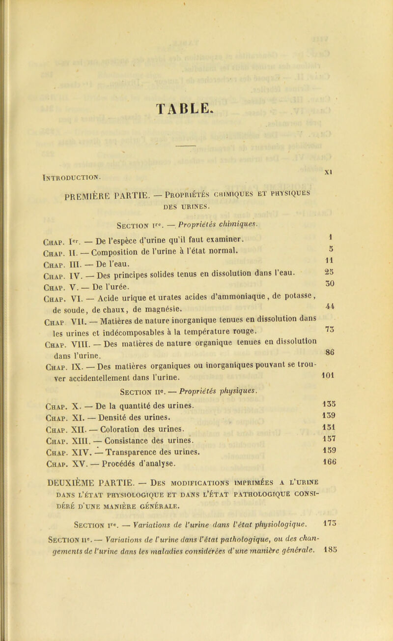 TABLE Introduction . PREMIÈRE PARTIE. — Propriétés chimiques et physiques DES URINES. Section ire. — Propriétés chimiques. Chap. Ier. — De l’espèce d’urine qu'il faut examiner. 1 Chap. II. — Composition de l’urine à l’état normal. 5 Chat. III. — De l’eau. 11 Chap. IV. Des principes solides tenus en dissolution dans l’eau. 25 Chap. V. — De l’urée. 30 Chap. VI. — Acide urique et urates acides d’ammoniaque, de potasse, de soude, de chaux, de magnésie. ^ Chap VII. — Matières de nature inorganique tenues en dissolution dans les urines et indécomposables à la température rouge. 73 Chap. VIII.—Des matières de nature organique tenues en dissolution dans l’urine. Chap. IX. — Des matières organiques ou inorganiques pouvant se trou- ver accidentellement dans l’urine. ^61 Section IIe. — Propriétés physiques. Chap. X. — De la quantité des urines. 135 Chap. XI. — Densité des urines. !39 Chap. XII. — Coloration des urines. *31 Chap. XIII. — Consistance des urines. 137 Chap. XIV. — Transparence des urines. 139 Chap. XV. — Procédés d’analyse. 166 DEUXIÈME PARTIE. — Des modifications imprimées a l’urine DANS L’ÉTAT PHYSIOLOGIQUE ET DANS L’ÉTAT PATHOLOGIQUE CONSI- DÉRÉ D’UNE MANIÈRE GÉNÉRALE. Section ire. — Variations de l’urine dans l’état physiologique. 175 Section il*.— Variations de l'urine dans l’état pathologique, ou des chan- gements de l’urine dans les maladies considérées d'une manière générale. 185