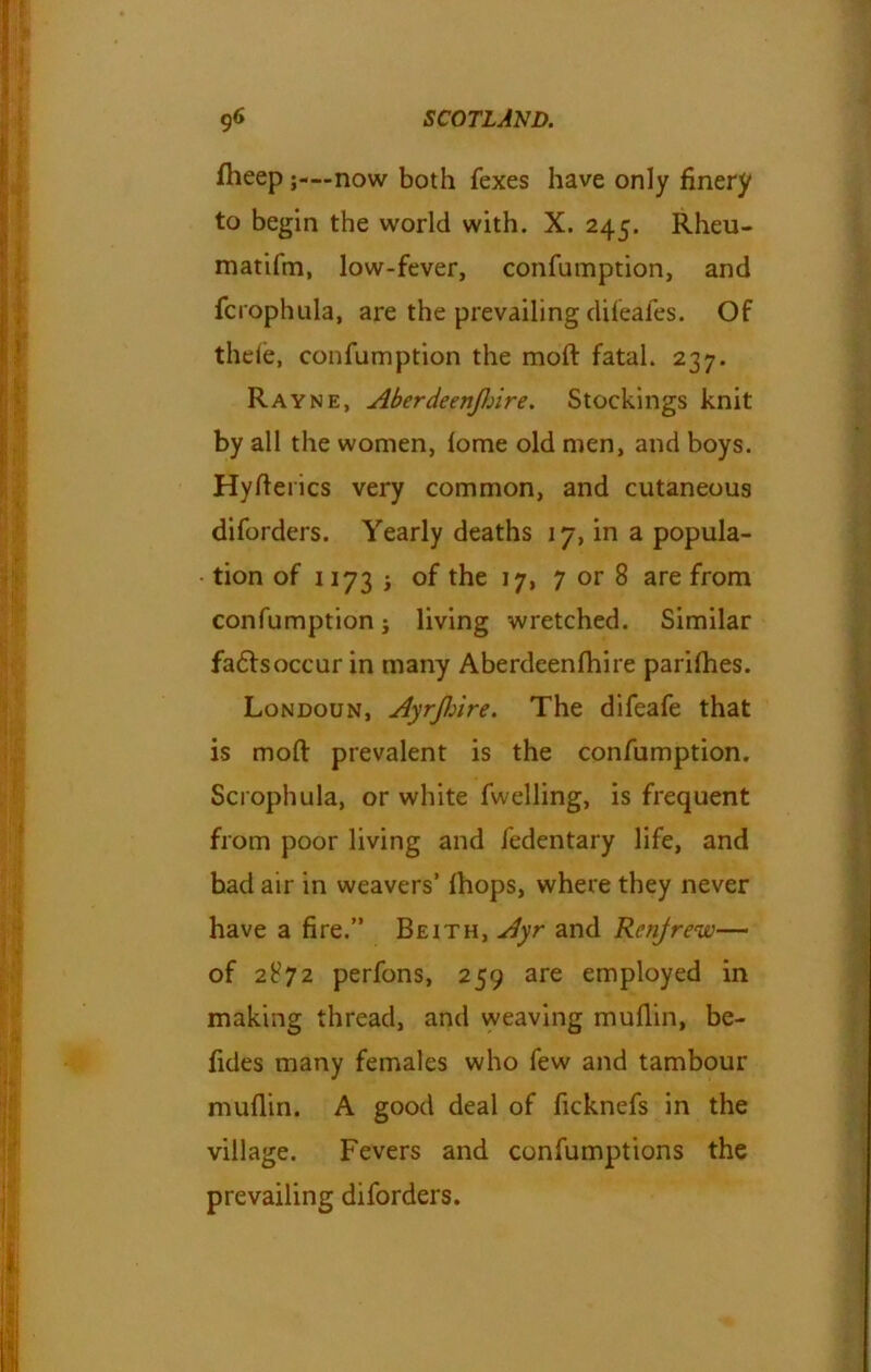 fheep j—now both Texes have only finery to begin the world with. X. 245. Rheu- matifm, low-fever, confumption, and fcrophula, are the prevailing difeafes. Of thele, confumption the mod fatal. 237. Rayne, Aberdeenjhire. Stockings knit by all the women, fome old men, and boys. Hyfterics very common, and cutaneous diforders. Yearly deaths 17, in a popula- tion of 1173 i of the 17, 7 or 8 are from confumption; living wretched. Similar fa&soccur in many Aberdeenlhire parishes. Londoun, Ayrjhire. The difeafe that is mod prevalent is the confumption. Scrophula, or white fwelling, is frequent from poor living and fedentary life, and bad air in weavers’ fhops, where they never have a fire.” Beith, Ayr and Renfrew— of 2872 perfons, 259 are employed in making thread, and weaving muflin, be- fides many females who few and tambour muflin. A good deal of ficknefs in the village. Fevers and confumptions the prevailing diforders.
