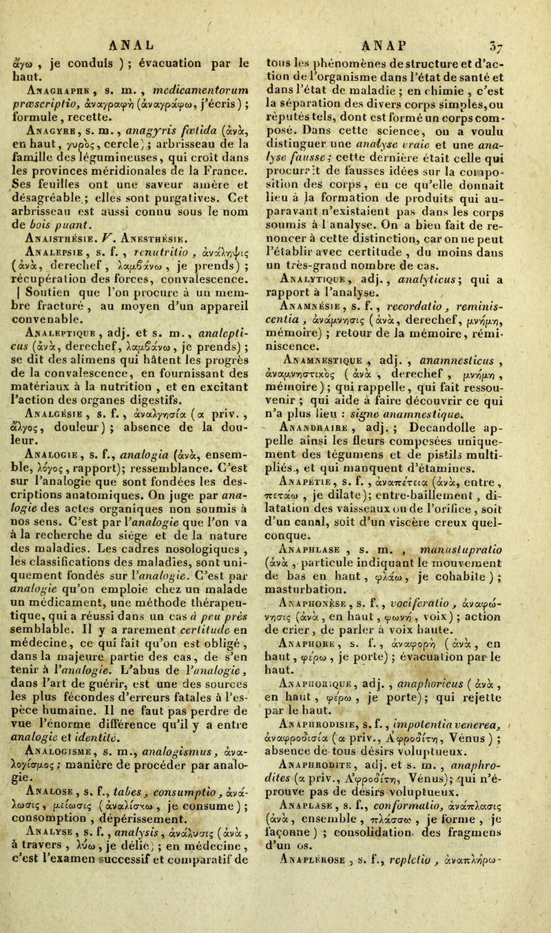 ANAL ayw , je conduis ) ; évacuation par le haut. Anagraphe , s. m. , mcdicamentorum præscriptio, àvaypacpvj (àvaypà<pe>, j’écris) ; formule, recette. Anagyre, s. m., anagyris fœtida (àvà, en haut, yvpoç, cercle) ; arbrisseau de la famille des légumineuses, qui croît dans les provinces méridionales de la France. Ses feuilles ont une saveur amère et désagréable,; elles sont purgatives. Cet arbrisseau est aussi connu sous le nom de bois puant. Anaisthésie. V. Anesthésie. Analepsie , s. f. , renutriiio , àvàV/jiJuç (àvà, derechef, Aap.§àvw , je prends); récupération des forces, convalescence. | Soutien que l’on procure à un mem- bre fracturé , au moyen d’un appareil convenable. Analeptique, adj. et s. m., analepti- cus (àvà, derechef, Aocp^àvco, je prends) ; se dit des alimens qui hâtent les progrès de la convalescence, en fournissant des matériaux à la nutrition , et en excitant l’action des organes digestifs. Analgésie , s. f. , àvaAyyj<rta (a priv. , à>yoç, douleur) ; absence de la dou- leur. Analogie, s. f., analogia (àvà, ensem- ble, Aoyoç, rapport); ressemblance. C’est sur l’analogie que sont fondées les des- criptions anatomiques. On juge par ana- logie des actes organiques non soumis à nos sens. C’est par Yanalogie que l’on va à la recherche du siège et de la nature des maladies. Les cadres nosologiques , les classifications des maladies, sont uni- quement fondés sur Yanalogie. C’est par analogie qu’on emploie chez un malade un médicament, une méthode thérapeu- tique, qui a réussi dans un cas à peu près semblable. Il y a rarement certitude en médecine, ce qui fait qu’on est obligé , dans la majeure partie des cas, de s’en tenir à Yanalogie. L’abus de Yanalogie, dans l’art de guérir, est une des sources les plus fécondes d’erreurs fatales à l’es- pèce humaine. Il ne faut pas perdre de vue l’énorme différence qu’il y a entre analogie et identité. Analogisme, s. m., analogismus, àva- >oyt'o-p.oç ; manière de procéder par analo- gie. Analose , s. f., tabes j consumptio, àvoc- àwcrtç , p.cuo<7tç ( àvaL'a-v.a», je consume); consomption , dépérissement. Analyse , s. f., analysis, àvocAvertç (àvà , à travers , Iw , je délie) ; en médecine , c’est l’examen successif et comparatif de 1 AN AP 37 tous les phénomènes de structure et d’ac- tion de l’organisme dans l’état de santé et dans l’état de maladie ; en chimie , c’est la séparation des divers corps simples,ou réputés tels, dont est formé un corps com- posé. Dans cette science, on a voulu distinguer une analyse vraie et une ana- lyse fausse; cette dernière était celle qui procurait de fausses idées sur la compo- sition des corps, en ce qu’elle donnait lieu à )a formation de produits qui au- paravant n’existaient pas dans les corps soumis à 1 analyse. On a bien fait de re- noncer à cette distinction, car on ne peut l’établir avec certitude , du moins dans un très-grand nombre de cas. Analytique, adj., analyticus; qui a rapport à l’analyse. Anamnésie , s. f., recordatio, reminis- centia , àvàp.vvjctç (àvà, derechef, p.v>(p.v], mémoire) ; retour de la mémoire, rémi- niscence. Anamnestique , adj. , anamneslicus , àvap.vyjcr'nxoç ( àvà , derechef , p.vy}p.7) , mémoire); qui rappelle, qui fait ressou- venir ; qui aide à faire découvrir ce qui n’a plus lieu : signe anamnestique. Anandraire , adj.; Decandolle ap- pelle ainsi les fleurs composées unique- ment des tégumens et de pistils multi- pliés., et qui manquent d’étamines. Anapétie, s. f. , àva7r£T£ia (àvà, entre , TTETaco , je dilate); entre-baillement, di- latation des vaisseaux ou de l’orifice , soit d’un canal, soit d’un viscère creux quel- conque. Anaphlase , s. m. , manuslupratio (àvà , particule indiquant le mouvement de bas en haut, <pÂà&>, je cohabite); masturbation. Akaphonèse , s. f., vocifcralio , àvoicpw- vv)crcç (àvà , en haut, <pwvv7, voix) ; action de crier, de parler à voix haute. Anaphore , s. f., àvacpopvj ( àvà , en haut, «p/pw , je porte) ; évacuation par le haut. Anapiiorique , adj. , anapboricus ( àvà , en haut, cp/pw , je porte) ; qui rejette par le haut. An aphrodisie, s.f., impotentiavenerea, > àvacppcxWia (a priv., Acppoàtrv), Vénus) ; absence de tous désirs voluptueux. Anaphrodite, adj. et s. m. , anaphrà- dites (a priv., A’cppo^ir/), Vénus); qui n’é- prouve pas de désirs voluptueux. Anaplase, s. f., coîiformatio, àvà7c).cc<7tç (àvà, ensemble , 7, je forme , je façonne ) ; consolidation, des fragmens d’un os. Anaplérose , s. f., replclio , àvourL?pw-