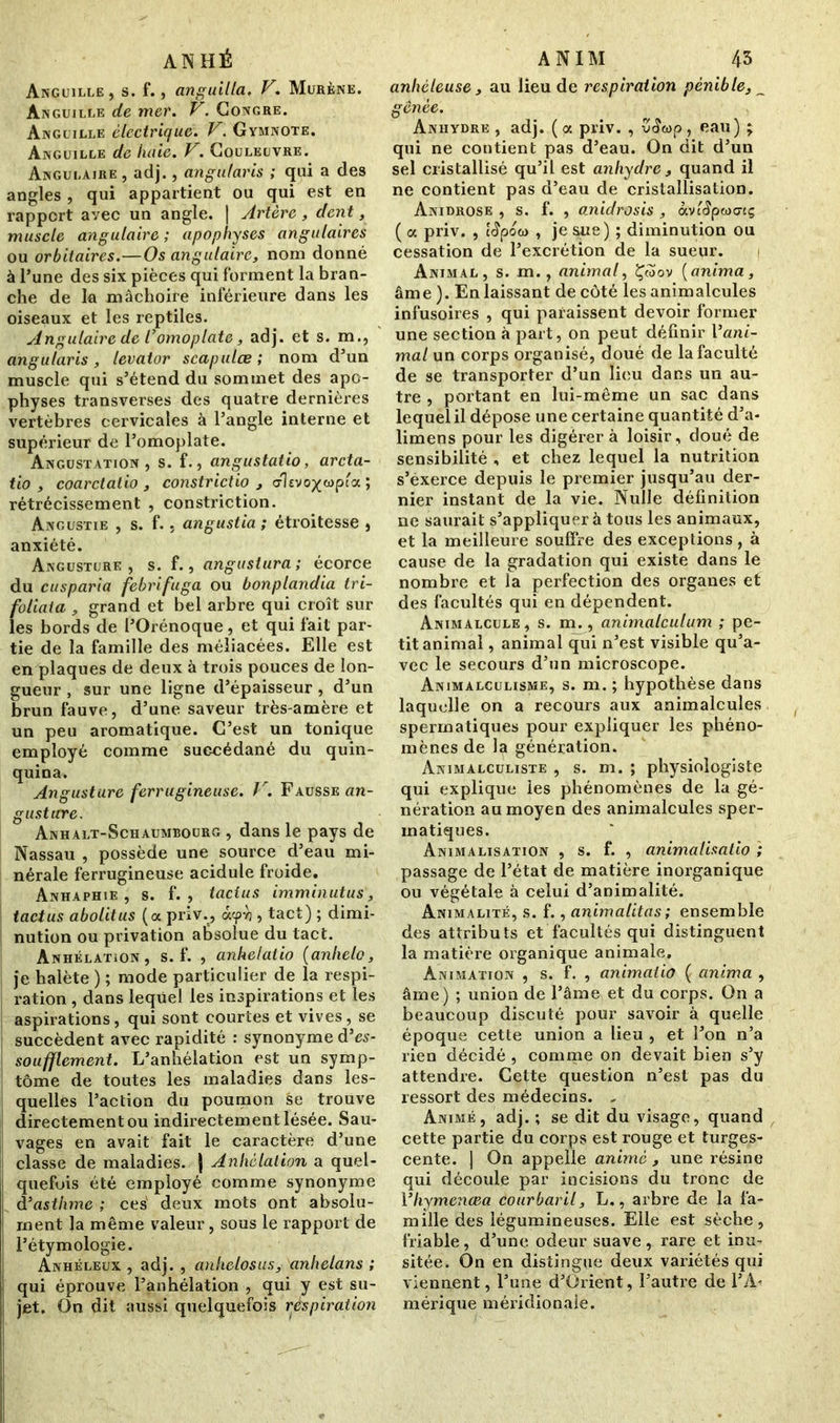 AN HÉ Anguille, s. f., anguilla. V. Murène. Anguille de mer. V. Congre. Anguille électrique. V. Gymnote. Anguille de haie. V. Couleuvre. Angulaire, adj., angularis ; qui a des angles , qui appartient ou qui est en rapport avec un angle. | Artère, dent, muscle angulaire ; apophyses angulaires ou orbitaires.—Os angulaire, nom donné à l’une des six pièces qui forment la bran- che de la mâchoire inférieure dans les oiseaux et les reptiles. Angulaire de l'omoplate, adj. et s. m., angularis , levator scapulœ ; nom d’un muscle qui s’étend du sommet des apo- physes transverses des quatre dernières vertèbres cervicales à l’angle interne et supérieur de l’omoplate. Angustation , s. f., angustatio, arcta- tio , coarctalio , constriclio , (jltvoxwpfa ; rétrécissement , constriction. Angustie , s. f., angustia ; étroitesse , anxiété. Angusture , s. f., angustura; écorce du cusparia febrifuga ou bonplandia tri- fotiaia , grand et bel arbre qui croît sur les bords de l’Orénoque , et qui fait par- tie de la famille des méliacées. Elle est en plaques de deux à trois pouces de lon- gueur , sur une ligne d’épaisseur, d’un brun fauve, d’une saveur très-amère et un peu aromatique. C’est un tonique employé comme succédané du quin- quina. Angusture ferrugineuse. V. Fausse an- gusture. Anhalt-Schaumbourg , dans le pays de Nassau , possède une source d’eau mi- nérale ferrugineuse acidulé froide. Anhaphie , s. f. , tacius immin ut us, tact us abolit us (a priv., <*?*) •> tact) ; dimi- nution ou privation absolue du tact. Anhélation, s. f. , anhelatio (anhelo, je halète ) ; mode particulier de la respi- ration , dans lequel les inspirations et les aspirations, qui sont courtes et vives, se succèdent avec rapidité : synonyme d’es- soufflement. L’anhélation est un symp- tôme de toutes les maladies dans les- quelles l’action du poumon se trouve directement ou indirectement lésée. Sau- vages en avait fait le caractère d’une classe de maladies. ) Anhélation a quel- quefois été employé comme synonyme d’asthme ; ces' deux mots ont absolu- ment la même valeur, sous le rapport de l’étymologie. Anhéleux , adj. , anhelosus, anhelans ; qui éprouve l’anhélation , qui y est su- jet. On dit aussi quelquefois respiration A N IM 43 anhéteuse, au lieu de respiration pénible, _ gênée. Anhydre , adj. ( pc priv. , vtîcop , eau) ; qui ne contient pas d’eau. On dit d’un sel cristallisé qu’il est anhydre, quand il ne contient pas d’eau de cristallisation. Anidrose , s. f. , anidrosis , àviêpwa-iç ( oc priv. , i£poù> , je sue) ; diminution ou cessation de l’excrétion de la sueur. Animal, s. m., animal, Çwov (anima, âme ). En laissant de côté les animalcules infusoires , qui paraissent devoir former une section à part, on peut définir l’ani- ma/ un corps organisé, doué de la faculté de se transporter d’un lieu dans un au- tre , portant en lui-même un sac dans lequel il dépose une certaine quantité d’a- limens pour les digérer à loisir, doué de sensibilité , et chez lequel la nutrition s’èxerce depuis le premier jusqu’au der- nier instant de la vie. Nulle définition ne saurait s’appliquer à tous les animaux, et la meilleure souffre des exceptions, à cause de la gradation qui existe dans le nombre et la perfection des organes et des facultés qui en dépendent. Animalcule, s. m., animalculum ; pe- tit animal , animal qui n’est visible qu’a- vec le secours d’un microscope. Animalculisme, s. m. ; hypothèse dans laquelle on a recours aux animalcules spermatiques pour expliquer les phéno- mènes de la génération. Animalculiste , s. m. ; physiologiste qui explique les phénomènes de la gé- nération au moyen des animalcules sper- matiques. Animalisation , s. f. , animalisalio ; passage de l’état de matière inorganique ou végétale à celui d’animalité. Animalité, s. f., animalitas; ensemble des attributs et facultés qui distinguent la matière organique animale. Animation , s. f. , animaiio ( anima , âme) ; union de l’âme et du corps. On a beaucoup discuté pour savoir à quelle époque cette union a lieu , et l’on n’a rien décidé , comme on devait bien s’y attendre. Cette question n’est pas du ressort des médecins. - Animé, adj. ; se dit du visage, quand cette partie du corps est rouge et turges- cente. | On appelle animé , une résine qui découle par incisions du tronc de Yhymenœa cour baril, L., arbre de la fa- mille des légumineuses. Elle est sèche, friable, d’une odeur suave, rare et inu- sitée. On en distingue deux variétés qui viennent, l’une d’Orient, l’autre de l’A’ mérique méridionale.