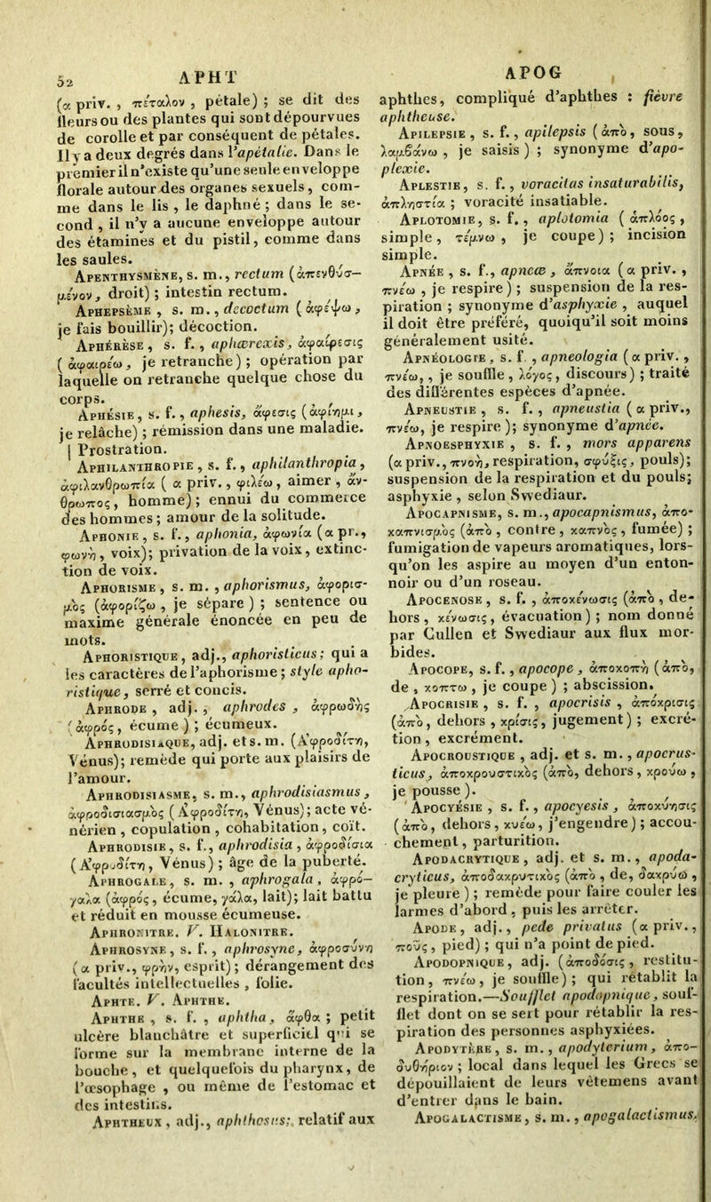 (a priv. , irrratav , pétale) ; se dit des lleurs ou des plantes qui sont dépourvues de corolle et par conséquent de pétales. Il y a deux degrés dans Yapètalie. Dans le premier il n’existe qu’une seule enveloppe florale autour des organes sexuels, com- me dans le lis , le daphné ; dans le se- cond , il n’y a aucune enveloppe autour des étamines et du pistil, comme dans les saules. / Apenthysmène, s. m., rectum (à'TrîvQvcr- ps'vov, droit) ; intestin rectum. Aphepsème , s. m., decoctum (àcp/^co., je fais bouillir); décoction. ^ Aphérèse, s. f., aphærexis, à<pa£pecnç (àcpato/w, je retranche) ; opération par laquelle on retranche quelque chose du corps. y , Aphésie, s. f., aphesis, à<pewç (acpivjfxt, je relâche) ; rémission dans une maladie. J Prostration. Aphilanthropie , s. f., aphilanthropia , à<ptXav0pco'7rca ( oc priv., cptXsw, aimer , ocv- OpwTroç, homme); ennui du commerce des hommes ; amour de la solitude. Aphonie, s. f., aphonia, oup&m'a (apr., «pwvY), voix); privation de la voix, extinc- tion de voix. Aphorisme, s. m. , aphorismus, acpopco- p.oç (àcpopt'Çw , je sépare ) ; sentence ou maxime générale énoncée en peu de mots. Aphoristique, adj., aphoristicus ; quia les caractères de l’aphorisme ; style apho- ristique , serré et concis. Aphrode , adj. , aphrodcs , àcppw^vjç àcppoç, écume ); écumeux. Aphrodisiaque, adj. ets. m. (A’cppo<SiTV}, Vénus); remède qui porte aux plaisirs de l’amour. Aphrodisiasme, s. m., aphrodisiasmus } à<ppo<Wiaa,p.oç ( AippoÆtTvj» Vénus); acte vé- nérien , copulation, cohabitation, coït. Aphrodisie, s. f., aplirodisia , à<ppo£c'cia (AVp^ctï), Vénus) ; âge de la puberté. Aphrogaue, s. m. , aphrogala, àcppo- yaXa (àcppoç, écume, yàXa, lait); lait battu et réduit en mousse écumeuse. ApiiROr:iTRE. y. Halonitre. Àphrosyne, s. f., aphrosyne, àcppocivv/3 (a priv., cppTjv, esprit); dérangement des facultés intellectuelles , folie. Aphte. V. Aphthe. Aphthe , s. f. , aphtha, àcpQa ; petit ulcère blanchâtre et superficiel qi se forme sur la membrane interne de la bouche, et quelquefois du pharynx, de l’œsophage , ou même de l’estomac et des intestins. Aphtheux , adj., aphthesnsrelatif aux APOG aphthes, compliqué d’aphthes : fièvre aphtheuse. Apilepsie , s. f., apilepsis (à7ro, sous, Xap-Savo) , je saisis ) ; synonyme d apo- plexie. Aplestie, s. f., voracitas insaturabilis, à'7rX7jcrrc'a ; voracité insatiable. Aplotomie, s. f., aplotomia ( aTrXooç , simple, T£p.vw , je coupe); incision simple. Apnée , s. f., apneœ, à7rvoca (a priv. , TTvec» , je respire ) ; suspension de la res- piration ; synonyme d’asphyxie , auquel il doit être préféré, quoiqu’il soit moins généralement usité. ApNÉoLOGrE, s. f , apneologia ( a priv., -rirvea),, je souffle , Xoyoç, discours) ; traité des différentes espèces d’apnée. Apneustie , s. f. , apneustia ( a priv., ttv/w, je respire); synonyme d’apnée. Apnoesphyxie , s. f. , mors apparens (a priv.,7tvoy),respiration, crcpvÇiç, pouls); suspension de la respiration et du pouls; asphyxie, selon Swediaur. Apocapnisme, s. m., apocapnismus, aTro- xa7rvicrp.bç (àiro , contre, xa 7rvoç , fumee) ; fumigation de vapeurs aromatiques, lors- qu’on les aspire au moyen d’un enton- noir ou d’un roseau. Apocenose , s. f. , à-jrox/vciXTtç (airo , de- hors , x/vwcTiç, évacuation); nom donne par Cullen et Swediaur aux flux mor- bides. Apocope, s. f., apocope, à7roxo7ry) (à7ro, de s xo7ctw , je coupe ) ; abscission. /Apocrisie , s. f. , apocrisis , aTroxpicrcç. (à7rb, dehors , xpea-tç, jugement) ; excré- tion , excrément. Apocroustiqce , adj. et s. m., apocrus~ ticus, a7roxpov(7Tcxbç («7rb, dehors, xpovœ , je pousse ). Apocyésie , s. f., apoeyesis , Ôc'ttoxuvjckç (à7ro, dehors, xueco, j’engendre) ; accou- chement , parturition. Apodacrytique , adj. et s. m., apoda- cryticus, à-n-ocîaxpUTcxoç (airo , de, cîaxpvcà , je pleure ) ; remède pour faire couler les larmes d’abord , puis les arrêter. Apode, adj., pede privatus (a priv., tjoûç , pied) ; qui n’a point de pied. Apodopnique, adj. (àirocîbacç , restitu- tion, 7rv£ù), je souffle); qui l’établit la respiration.—Soufflet apodopnique, souf- flet dont on se sert pour rétablir la res- piration des personnes asphyxiées. Apodytkpe, s. m., apodylerium, à-rro- <?u0y'piov ; local dans lequel les Grecs se dépouillaient de leurs vêtemens avant d’entrer d;»ns le bain. Apogalactisme, s. m., apogalacüsmus,