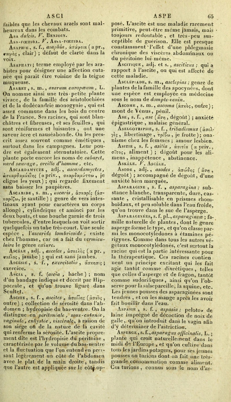 AS Cl faibles que les chevaux arzels sont mal- heureux dans les combats. Asa dulcis. F. Benjoin. Asa-fœtida. F. Assa-fœtida. Asafhie, s. f., asapliia, àcroépsca (apr., ca<pyjç , clair) ; défaut de clarté dans la voix. Asaphati; terme employé par les ara- bistes pour désigner une affection cuta- née qui paraît être voisine de la teigne muqueuse. Asabet , s. m., asarum europæmn, L. On nomme ainsi une très-petite plante vivace, de la famille des aristolochiées et de la dodécandrie monogynie , qui est assez commune dans les bois du centre de la France. Ses racines, qui sont blan- châtres et fibreuses, et ses feuilles, qui sont réniformes et luisantes , ont une saveur âcre et nauséabonde. On les pres- crit assez souvent comme émétiques , surtout dans les campagnes. Leur pou- dre est également slernutatoire. Cette plante porte encore les noms de cabaret, nard sauvage, oreille d’homme, etc. Ascardamycte , adj. , ascardamyctes, à<7xap$ap.uxT/)ç (apriv. , axap<?ap.vTT&>, je cligne les yeux) ; qui regarde fixement sans baisser les paupières. Ascaride, s. m., ascaris, <xcrxap!ç (à<r- xapi'Çw, je sautille) ; genre de vers intes- tinaux ayant pour caractères un corps allongé , cylindrique et aminci par les deux bouts, et une bouche garnie de trois tubercules, d’entre lesquels on voit sortir quelquefois un tube très-court. Une seule espèce , Y ascaride lombricoïde , existe chez l’homme, car on a fait du vermicu- laire le genre oxiure. Ascèle , adj. , ascelcs , àa-jcsX/jç ( a pr. , vxz'loç, jambe) ; qui est sans jambes. Ascèsie, s. f. , exercitatio , aa-xyjcrtç ; exercice. Ascia , s. f. (as ci a , hache) ; nom d’un bandage indiqué et décrit par Hip- pocrate , et qu’on trouve figuré dans Scultet. Ascite , s. f., ascites , oicxilcç (àuxoç , outre) ; collection de sérosité dans l’ab- domen ; hydropisie du bas-ventre. On la distingue en péritonéale , sous -cutanée, vaginale, enkystée, viscérale, à raison de son siège on de la nature de la cavité qui renferme la sérosité. L’ascite propre- ment dite est l’hydropisie du péritoine , caractérisée par le volume du bas-ventre et la fluctuation que l’on entend en pres- sant légèrement un côté de l’abdomen avec le plat de la main droite, tandis que l’autre est appliquée sur le côtç op- ASPE 63 posé. L’ascite est une maladie rarement primitive, peut-être même jamais, mais toujours redoutable, et très-peu sus- ceptible de guérison. Elle est presque constamment'l’effet d’une phlegmasie chronique des viscères abdominaux ou du péritoine lui-même. Ascitique, adj. et s. , asciticus ; qui a rapport à l’ascite, ou qui est affecté de cette maladie. Asclépiade, s. m., asetepias ; genre de plantes de la famille des apocynées, dont une espèce est employée en médecine sous le nom de dompte-venin. Ascome , s. m., ascoma (àcxoç, outre) ; mont de Vénus, pénil. Ase , s. f. , ase (àa-vj, dégoût) ; anxiété épigastrique , malaise général. Aselgotripsie, s. f., tribadismus (àcrzl- yzq , libertinage , rploco , je frotte); ona- nisme chez les femmes ; amour lesbien. Asitie , s. f. , asilia , cktitIx (a priv., orroç, aliment ) ; dégoût pour les ali- mens , inappétence , abstinence. Askèle. F. Ascète. Asode , adj., asodes , ào-w^yj; ( ao-y) , dégoût) ; accompagné de dégoût, d’une anxiété bien marquée. Asparagine , s. f. , asparagina ; sub- stance blanche, transparente, dure, cas- sante , cristallisable en prismes rhom- boïdaux, et peu soluble dans l’eau froide, qu’on trouve dans le suc de l’asperge. Asparaginées, s. f. piasparagine ce ; fa- mille naturelle de plantes, dont le genre asper ge forme le type, et qu’on classe par- mi les monocotylédones à étamines pé- rigynes. Gomme dans tous les autres vé- gétaux monocotylédonés, c’est surtout la racine qui est la partie intéressante pour la thérapeutique. Ces racines contien nent un principe excitant qui les fait agir tantôt comme diurétiques, telles que celles d’asperge et de fragon, tantôt comme sudorifiques , ainsi qu’on l’ob- serve pour la salsepareille, la squine, etc. Les jeunes pousses des asparaginées sont tendres , et on les mange après les avoir fait bouillir dans l’eau. Aspasie , s. f. , aspasia ; peloto* de laine imprégné de décoction de noix de galle , qu’on introduit dans le vagin afin d’y déterminer de l’astriction. Asperge ,s. fasparagus officinalis, L. ; plante qui croît naturellement dans le midi de l’Europe , et qu’on cultive dans tous les jardins potagers, pour ses jeunes pousses ou turions dont on fait une très- grande consommation comme aliment. Ces turions , connus sous le nom d’as-