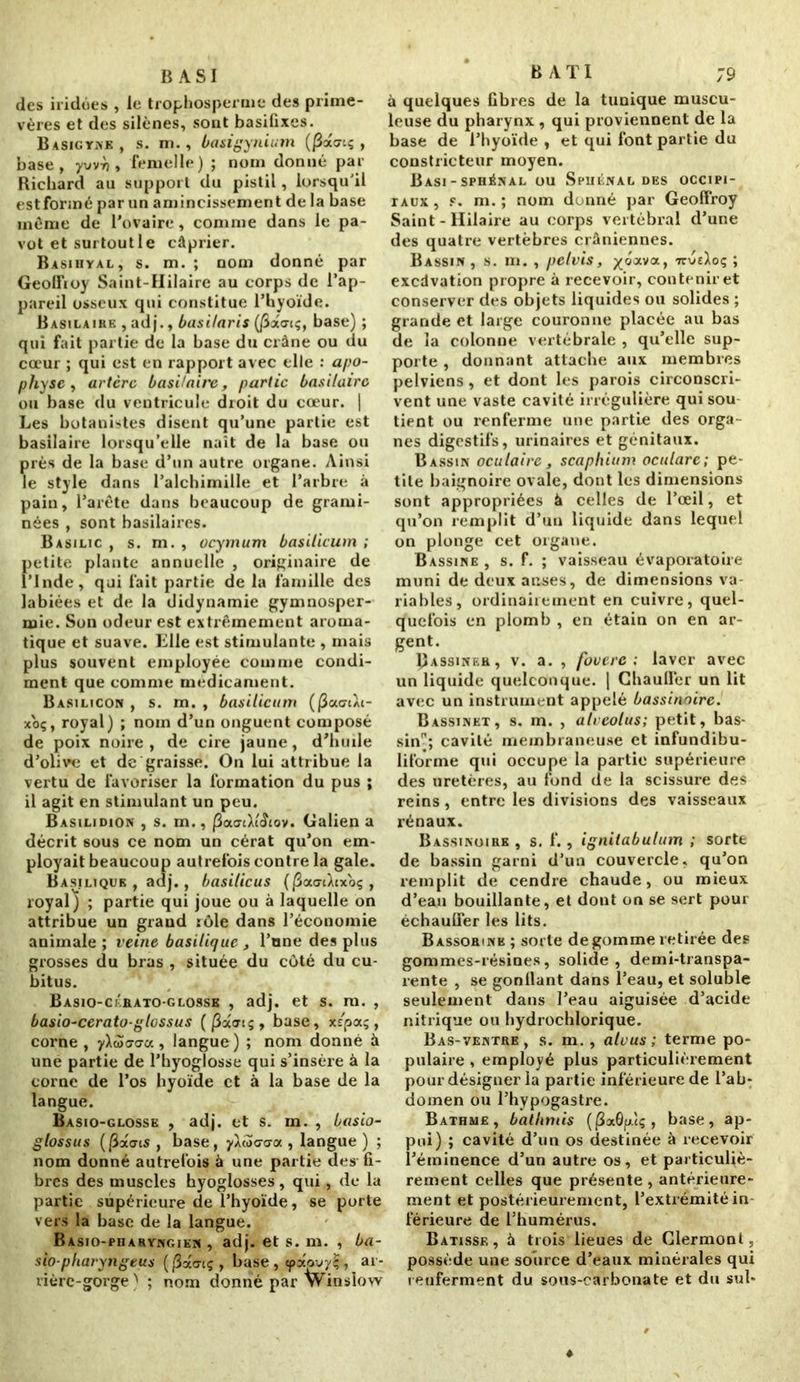 B ASI des iridées , le trophosperme des prime- vères et des silènes, sont basifixes. Basigtne, s. m., basigynium (]3acrtç , base, yvvri, femelle) ; nom donné par Richard au support du pistil, lorsqu'il estforiné par un amincissement de la base même de l'ovaire, comme dans le pa- vot et surtout le câprier. Basihyal, s. m. ; nom donné par GeolTioy Saint-Hilaire au corps de l’ap- pareil osseux qui constitue l’hyoïde. Basilaire , adj., basilaris (/3otcrcç, base) ; qui fait partie de la base du crâne ou du cœur ; qui est en rapport avec elle : apo- physe , artère basilaire, partie basilaire ou base du ventricule droit du cœur. | Les botanistes disent qu’une partie est basilaire lorsqu’elle naît de la base ou près de la base d’un autre organe. Ainsi le style dans l’alchimille et l’arbre à pain, l’arête dans beaucoup de grami- nées , sont basilaires. Basilic , s. m. , ocymum basilicum ; jetite plante annuelle , originaire de ’lnde, qui fait partie de la famille des labiées et de la didynamie gymnosper- mie. Son odeur est extrêmement aroma- tique et suave. Elle est stimulante , mais plus souvent employée comme condi- ment que comme médicament. Basilicon , s. m. , basilicum (ficiGiXi- xoç, royal) ; nom d’un onguent composé de poix noire, de cire jaune, d’huile d’olive et de graisse. On lui attribue la vertu de favoriser la formation du pus ; il agit en stimulant un peu. Basilidion , s. m., jSaaiXt^tov. Galien a décrit sous ce nom un cérat qu’on em- ployait beaucoup autrefois contre la gale. Basilique , adj., basilicus ( jSaatXcxoç , royal) ; partie qui joue ou à laquelle on attribue un grand rôle dans l’économie animale ; veine basilique , l’une des plus grosses du bras , située du côté du cu- bitus. Basio-ckeato-glosse , adj. et s. rn. , basio-cerato-glossus (|3«crtç, base, x/pa;, corne , y\w<j<jv., langue) ; nom donné à une partie de l’hyoglosse qui s’insère à la corne de l’os hyoïde et à la base de la langue. Basio-glosse , adj. et s. m. , basio- glossus (ftaais , base, y\S><r<ra , langue ) ; nom donné autrefois à une partie des fi- bres des muscles hyoglosses, qui, de la partie supérieure de l’hyoïde, se porte vers la base de la langue. Basio-pharyngien , adj. et s. m. , ba- sio-pharyngeus (j3aatç, base, tpxoyy^ , ar- rière-gorge ) ; nom donné par Winslow BATI 79 à quelques fibres de la tunique muscu- leuse du pharynx , qui proviennent de la base de l’hyoïde , et qui font partie du constricteur moyen. BaSI - SPHÉNAL OU SpUÉNAL DES OCCIPI- TAUX , f. m. ; nom donné par Geoffroy Saint - Hilaire au corps vertébral d’une des quatre vertèbres crâniennes. Bassin , s. m. , pelvis, j^oava, ttvï^oç ; excdvation propre à recevoir, contenir et conserver des objets liquides ou solides ; grande et large couronne placée au bas de la colonne vertébrale , qu’elle sup- porte , donnant attache aux membres pelviens, et dont les parois circonscri- vent une vaste cavité irrégulière qui sou tient ou renferme une partie des orga- nes digestifs, urinaires et génitaux. Bassin oculaire, scaphium oculare; pe- tite baignoire ovale, dont les dimensions sont appropriées à celles de l’œil, et qu’on remplit d’un liquide dans lequel on plonge cet organe. Bassine , s. f. ; vaisseau évaporatoire muni de deux anses, de dimensions va riables, ordinairement en cuivre, quel- quefois en plomb , en étain on en ar- gent. Bassiner , v. a. , fovcrc ; laver avec un liquide quelconque. | Chauffer un lit avec un instrument appelé bassinoire. Bassinet, s. m. , alveolus; petit, bas- sin; cavité membraneuse et infundibu- liforme qui occupe la partie supérieure des uretères, au fond de la scissure des reins, entre les divisions des vaisseaux rénaux. Bassinoire , s. f., ignitabulum ; sorte de bassin garni d’un couvercle, qu’on remplit de cendre chaude, ou mieux d’eau bouillante, et dont on se sert pour échauffer les lits. Bassorinb ; sorte dégommé retirée des gommes-résines, solide, demi-transpa- rente , se gonllant dans l’eau, et soluble seulement dans l’eau aiguisée d’acide nitrique ou hydrochlorique. Bas-ventre, s. m. , alvus ; terme po- pulaire , employé plus particulièrement pour désigner la partie inférieure de l’ab- domen ou l’hypogastre. Bathme, bathmis (j3aGp.tç , base, ap- pui) ; cavité d’un os destinée à recevoir l’éminence d’un autre os, et particuliè- rement celles que présente , antérieure- ment et postérieurement, l’extrémité in- férieure de l’humérus. Bâtisse , à trois lieues de Clermont, possède une solirce d’eaux minérales qui renferment du sous-carbonate et du sul-