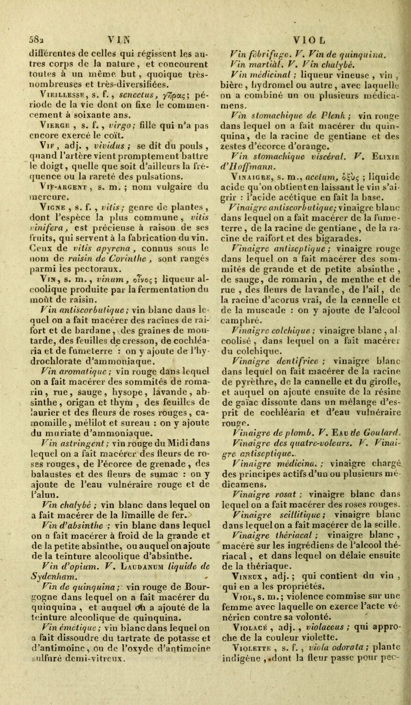 58a V1 N différentes de celles qui régissent les au- tres corps de la nature, et concourent toutes à un même, but, quoique très- nombreuses et très-diversiliées. Vieillesse, s. f., sencctus, y/Jpocç; pé- riode de la vie dont on fixe le commen- cement à soixante ans. Vierge , s. f., virgo; fille qui n’a pas encore exercé le coït. Vif, adj. , vividus ; se dit du pouls , quand l’artère vient promptement battre le doigt, quelle que soit d’ailleurs la fré- quence ou la rareté des pulsations. Vit-argent, s. m. ; nom vulgaire du mercure. Vigne , s. f. , vitis; genre de plantes , dont l’espèce la plus commune , vitis vinifera, est précieuse à raison de ses fruits, qui servent à la fabrication du vin. Ceux de vitis apyrena, connus sous le nom de raisin de Corinthe, sont rangés parmi les pectoraux. Vin, s. m., vinum, oTvoç ; liqueur al- coolique produite par la fermentation du moût de raisin. P in antiscorbutique ; vin blanc dans le- quel on a fait macérer des racines de rai- fort et de bardane, des graines de mou- tarde, des feuilles de cresson, de cochléa- ria et de fumeterre : on y ajoute de l’hy- drocblorate d’ammoniaque. Fin aromatique ; vin rouge dans lequel on a fait macérer des sommités de roma- rin , rue, sauge, hysope, lavande, ab- sinthe , origan et thym , des feuilles de laurier et des fleurs de roses rouges, ca- momille , mélilot et sureau : on y ajoute du muriate d’ammoniaque. Fin astringent ; vin rouge du Midi dans lequel on a fait macérer des fleurs de ro- ses rouges, de l’écorce de grenade, des balaustes et des fleurs de sumac : on y ajoute de l’eau vulnéraire rouge et de l’alun. Fin chalybc ; vin blanc dans lequel on a fait macérer de la limaille de fer. Fin d’absinthe ; vin blanc dans lequel on a fait macérer à froid de la grande et de la petite absinthe, ou auquel on ajoute de la teinture alcoolique d’absinthe. Fin d’opium. F. Laudanum liquide de Sydenham. Fin de quinquina ; vin rouge de Bour- gogne dans lequel on a fait macérer du quinquina , et auquel dïi a ajouté de la teinture alcoolique de quinquina. Fin émétique ; vin blanc dans lequel on a fait dissoudre du tartrate de potasse et d’antimoine, ôu de l’oxyde d’antimoine sulfuré demi-vitreux. VIO L Fin fébrifuge. F. Fin de quinquina. Fin martiàl. F. Fin chalybè. Fin médicinal ; liqueur vineuse , vin , bière, hydromel ou autre, avec laquelle on a combiné un ou plusieurs médica- mens. Fin stomachique de Plenh ; vin rouge dans lequel on a fait macérer du quin- quina , de la racine de gentiane et des zestes d’écorce d’orange. Fin stomachique viscéral. F. Elixir d’Hoffmann. Vinaigre, s. m., acetum, o£vç ; liquide acide qu’on obtient en laissant le vin s’ai- grir : i’acide acétique en fait la base. Finaigrc antiscorbutique; vinaigre blanc dans lequel on a fait macérer de la fume- terre , de la racine de gentiane, de la ra- cine de raifort et des bigarades. Finaigrc antiseptique ; vinaigre rouge dans lequel on a fait macérer des som- mités de grande et de petite absinthe , de sauge, de romarin, de menthe et de rue , des fleurs de lavande , de l’ail, de la racine d’acorus vrai, de la cannelle et de la muscade : on y ajoute de l’alcool camphré. Finaigrc colchique ; vinaigre blanc , al coolisé , dans lequel on a fait macérer du colchique. Finaigrc dentifrice ; vinaigre blanc dans lequel on fait macérer de la racine de pyrèthre, de la cannelle et du girofle, et auquel on ajoute ensuite de la résine de gaïae dissoute dans un mélange d’es- prit de cochléaria et d’eau vulnéraire rouge. Finaigrc de plomb. F. Eau de Goulard. Finaigrc des quatre-voleurs. F. Finai- grc antiseptique.. F inaigre mèdicinu. ; vinaigre chargé^ des principes actifs d’uu ou plusieurs mé- dicamens. Finaigrc rosat ; vinaigre blanc dans lequel on a fait macérer des roses rouges. Finaigrc scillitiquc; vinaigre blanc dans lequel on a fait macérer de la scille. Finaigre thcriacal ; vinaigre blanc , macéré sur les ingrédiens de l’alcool thé- riacal, et dans lequel on délaie ensuite de la thériaque. Vineux , adj. ; qui contient du vin , qui en a les propriétés. Viol, s. m. ; violence commise sur une femme avec laquelle on exerce l’acte vé- nérien contre sa volonté. Violacé , adj. , violaceus ; qui appro- che de la couleur violette. Violette , s. f. , viola odorata; plante indigène , «dont la fleur passe pour pec-