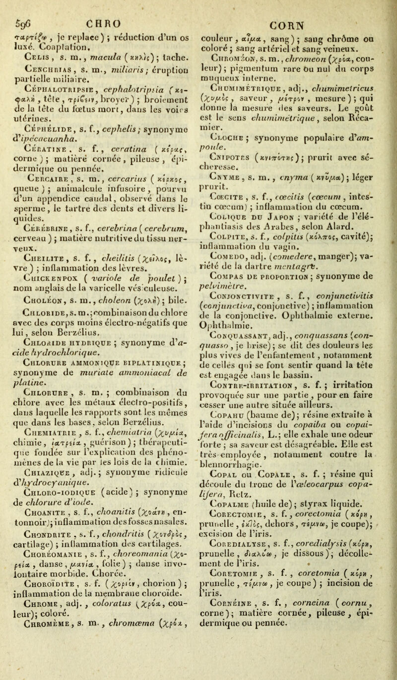 'rctp'rîÇw , je replace ) ; réduction d’un os luxé. Coaptation, Celis , s. m., macula ( ox/c) ; tache. Cenchrias, s. m., milia ri s ; éruption partielle miliaire. Cépijalotripsie , cephalotripsia ( m- <j>ax« , tête , rpiCiiv, broyer) ; broiement de la tête du fœtus mort, dans les voies utérines. Céphélïde, s. f., cephelis; synonyme d'ipécacuanha. Cératine . s. f., ceratina ( xtpxç, corne ) ; matière cornée , pileuse , épi- dermique ou pennée. Cercàire , s. m., cercarius ( kÎpkqç, queue ) ; animalcule infusoire , pourvu d’un appendice caudal, observé dans le sperme , le tartre des dents et divers li- quides. Cékébrine, s. f., cerebrina (cerebrum, cerveau ) ; matière nutritive du tissu ner- veux. Cheihte , s. f., clieililis (Xiixoç, lè- vre ) ; inflammation des lèvres. Cuickenpox ( variole de poulet ) j nom anglais de la varicelle vés’culeuse. Choléon, s. m., choleon (^oxtî) ; bile. Ch lori de, s. m.; combinaison du chlore avec des corps moins électro-négatifs que lui, selon Berzélius, Chloride hydrique ; synonyme d’a- cide hydrochlorique. Chlorure ammoniqüe biplatinique ; synonyme de muriate ammoniacal de platine. Chlorure , s. m. ; combinaison du chlore avec les métaux électro-positifs, dans laquelle les rapports sont les mêmes que dans les bases, selon Berzélius. Ciiemiatrie , s. f., chemiatria (xvp.lct, chimie, iet'rpiia., guérison) 5 thérapeuti- que fondée sur l’explication des phéno- mènes de la vie par les lois de la chimie. Chiazique , adj. ; synonyme ridicule d'hydrocyaniq u e. Chloro-iodique (acide); synonyme de chlorure d’iode. Choanite , s. f., choanilis (Xottvn , en- tonnoir,'; inflammation desfossesnasales. Chondrite , s. f., chondritis {x^J'phç, cartilage) ; inflammation des cartilages. Choréomanie , s. f., choreomania (^0- pçîst, danse, //av/a , folie ) ; danse invo- lontaire morbide. Chorée. Choroïdite , s. f. (^opicv , chorion ) ; inflammation de la membrane choroïde. Chrome, adj. , coloratus (Xpcou- leur); coloré. Chromème , s. m., chromcerna (Xp> couleur, cu/u*, sang); saug chrôme ou coloré ; sang artériel et sang veineux. Chroméon, s. m., chromeon (XPost> cou- leur) ; pigmentum rare Ou nul du corps muqueux interne. Chumimétrique , adj., chumimetricus (Xvy-fo , saveur , pirpw , mesure ) ; qui donne la mesure des saveurs. Le goût est le sens chumimétrique, selon Réca- mier. Cloche ; synonyme populaire d?am- poule. Cnipotf.s (xvjvrÔTWî); prurit avec sé- cheresse. Cnyme , s. m., cnyma ( nt/pa,) ; léger prurit. Coecite , s. f., cœcilis (cæcum , intes- tin cæcum) ; inflammation du cæcum. Colique du Japon ; variété de l’élé- phantiasis des Arabes, selon Alard. Colpite, s. f., colpitis (xo\5ro{, cavité); inflammation du vagin. Comedo, adj. (comedere, manger); va- riété de la dartre mcntagrt. Compas de proportion ; synonyme de pelaimètre. Conjonctivite, s. f., conjunctiaitis (conj u activa, conjonctive) ; inflammation de la conjonctive. Ophthalmie externe. Ophthalmic. Conquassant, adj., conquassans (con- quasso , je brise) ; se dit des douleurs les plus vives de l’enfantement, notamment de celles qui se font sentir quand la tète est engagée dans le bassin. Contrf.-irritation, s. f. ; irritation provoquée sur une partie , pour en faire cesser une autre située ailleurs. Copahu (baume de); résine extraite à l’aide d’incisions du copaiba ou copai- jeranjfficinalis, L.; elle exhale une odeur forte ; sa saveur est désagréable. Elle est très employée, notamment contre la blennorrhagie. Copal ou Copale , s. f. ; lésine qui découle du tronc de Vceleocarpus copa- lijera, Retz, Copalme (huile de); styrax liquide. Corectomie, s. f. j coreclomia (xo/>« , prunelle , ixloç, dehors, tî//vû>, je coupe); excision de l’iris. Coredialyse, s. f., coredialysis (x.1pu, prunelle, , je dissous); décolle- ment de l’iris. Coretomie , s. f. , coretomia ( zlpu , prunelle , ‘rîy.vu), je coupe) ; incision de L’iris. Cornéine , s. f. , corneina ( cornu , corne); matière cornée, pileuse, épi- dermique ou pennée.