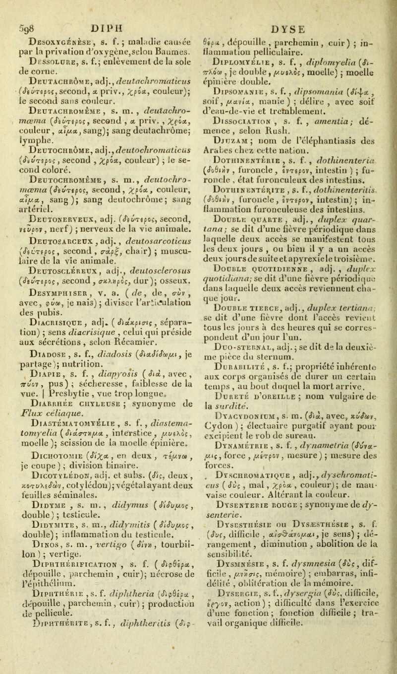 r>9S DI PH DesoxygÉnèse , s. f. ; maladie causée par la privation d'oxygène,selon Baumes. Dessolure, s. f.; enlèvement de la sole de corne. Deutachrome, adj., deulachromaticus (S'fônpoç, second, a. priv., Xp^-» couleur); le second sans couleur. Deutachromeme , s. m. , deutachro- mœma (S'tômtpoç, second , cl priv. , Xçé*, couleur, stî/zot, sang); sang deutachrome; lymphe. Deütochrôme , adj., deutochromaticus (fcvrepoç, second , Xp‘oa-> couleur) ; le se- cond coloré. Deutochromème, s. m., deutochro- mœma (S'eSrspoç, second, XP°A> couleur, ctî/ua., sang); sang deutochrôme; sang artériel. Deutonerveux, adj. (Jeûrtpoc, second, viZpov, nerf) ; nerveux de la vie animale. Deütosarceüx , adj., deutosarcoticus (S'iùnpoç, second, cràpl;, chair) ; muscu- laire de la vie animale. DeutosulÉreux , adj., deulosclerosus (Jg^Têoo?, second , a-Jtxnpoç, dur); osseux. Desymphiser, v. a. (r/e, de, <rùv, avec, péce, je nais) ; diviser l'articulation des pubis. Diacrisïque , adj. ( J'idx.puriç, sépara- tion) ; sens diacrisique , celui qui préside aux sécrétions , scion Récamier. Diadose , s. f., diadosis (S'i&SiSùùyi, je partage); nutrition. Djapie, s. f. , diapyosis (<hd, avec, ttuov , pus); sécheresse, faiblesse delà vue. | Presbytie , vue trop longue* Diarrhée chyleuse ; synonyme de Flux céliaque. Diastématomyelie , s. f., diaslema- tomyelia (SicLcnyiycL, interstice, yutXoç, moelle ); scission de la moelle épinière. Dichotomie («fix*, en deux , tsyvee , je coupe) ; division binaire. Dicotyledon, adj. et subs. (efîç, deux , koTuXêJœv, cotylédon);végétalayant deux feuilles séminales. Didyme , s. m., didymus ( SISuyoç, double); testicule. Didymite, s. m., didymitis (SISuyoç, double) ; inflammation du testicule. Dinos, s. m., -vertige) ( S'ivïi , tourbil- lon ) ; vertige. DiPHTHÉRIFICATION , S. f. (S'tpôépct, dépouille, parchemin , cuir); nécrose de l’épithélium. Diphthérie , s. f. diphlheria (S'ipBipu , dépouille , parchemin, cuir) ; production de pellicule. Diphthérite, s. f., diphlheritis (S>$~ D YSE 6épu , dépouille , parchemin, cuir) ; in- flammation pelliculaire. Diplomyélie, s. f. , diplomyelia (<f<- ttKocc , je double, yui\oç, moelle) ; moelle épinière double. Dipsomanie, s. f., dipsomania (Sl^ct, soif, yealct, manie) ; délire, avec soif d’eau-de-vie et tretnblement. Dissociation , s. f. , amenda; dé- mence , selon Rush. Djtjzam; nom de l’éléphantiasis des Arabes chez cette nation. DothinentÊrie , s. f. , dothinenteria (JoÔnîv, furoncle, ïrrtpov, intestin ) ; fu- roncle , état furonculeux des intestins. Dothinenté^ite , s. f., dothinenterilis ('cfoônlv, furoncle, îWê/ioy, intestin); in- flammation furonculeuse des intestins. Double quarte , adj., duplex quar- tana ; se dit d’une fièvre périodique dans laquelle deux accès se manifestent tous les deux jours , ou bien il y a un accès deux jours de suite et apyrexie le troisième. Double quotidienne , adj. , duplex quotidiana; se dit d’une fièvre périodique dans laquelle deux accès reviennent cha- que jour. Double tierce, adj., duplex tertiana; se dit d’une fièvre dont l’accès revient tous les jours à des heures qui se corres- pondent d’un jour l’un. Duo-sternal, adj. ; se dit de la deuxiè- me pièce du sternum. Durabilité, s. f.; propriété inhérente aux corps organisés de durer un certain temps , au bout duquel la mort arrive. Dureté d’oreille; nom vulgaire de la surdité. Dyacydonium, s. m. («fia, avec, jtSS'uv, Cydon ) ; électuaire purgatif ayant pour excipient le rob de sureau. DynamÉtrie , s. f. , dynametria (Suvct- ytç, force , ytTpov, mesure) ; mesure des forces. Dyschromatique , adj., dyschromati- cus ( Sùç, mal, Xp'011 » couleur); de mau- vaise couleur. Altérant la couleur. Dysenterie rouge ; synonyme de dy- senterie. Dysesthésie ou Dysassthésie , s. f. (Suc, difficile , etis&ctvoycti, je sens) ; dé- rangement, diminution, abolition de la sensibilité. Dysmnésie , s. f. dysmnesia (Stç, dif- ficile , y.vruriç, mémoire) ; embarras, infi- délité , oblitération de la mémoire. Dtsergie, s. f., dysergia (<h/c, difficile, l'ipyov, action ) ; difficulté dans l’exercice d’une fonction ; fonction difficile ; tra- vail organique difficile.