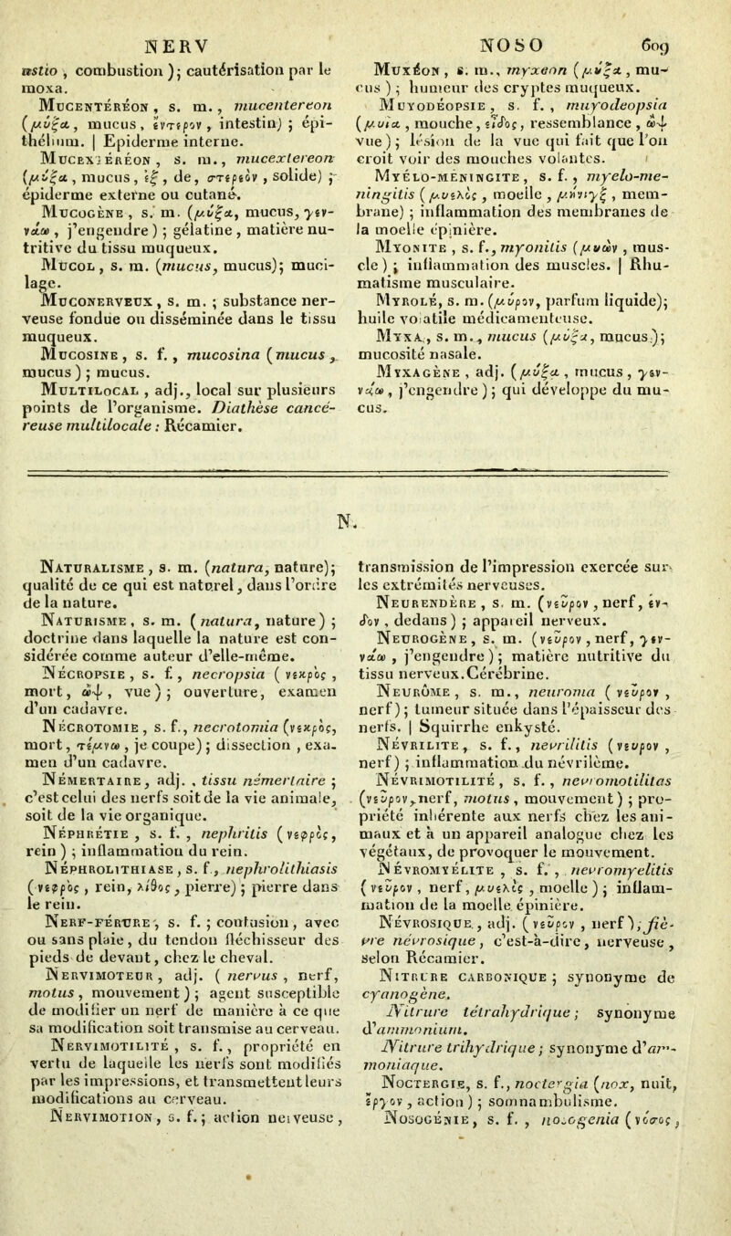 NERV vtsüo , combustion ) ; cautérisation par le moxa. Mucentéréon , s. m., mucentereon ( fÂvÇcL, mucus, ÉVTfpov, intestin); épi- thélium. | Epiderme interne. MucrxïÉréon, s. m., mucexlereon (pZj'ct, mucus, , de, a-Tiptov , solide) ; épiderme externe ou cutané. Mucogène , s. m. (fAvÇat,, mucus, yw- vxcd , j’engendre ) 5 gélatine , matière nu- tritive du tissu muqueux, Mücol , s. m. (mucus, mucus); muci- üconerveüx, s. m. ; substance ner- veuse fondue ou disséminée dans le tissu muqueux. Mucosine, s. f., mue os ina (mucus , mucus ) ; mucus. Multilocal , adj., local sur plusieurs points de l’organisme. Diathèse cancé- reuse multilocale : Récamier. NO S O 60g Muxéon , s. m., myxenn (pvÇsL, mu- cus ) ; humeur des cryptes muqueux. MuyodÉopsie , s. f. , muyodeopsia (puia , mouche, uS'oç, ressemblance , a>-i vue); lésion de la vue qui fait que I on croit voir des mouches volantes. Myélo-mêningite , s. f., myelo-me- ningitis (paxiç, moeile , p.iî'jiyÇ , mem- brane) ; inflammation des membranes de la moelle épinière. Myonite , s. f., myonitis (pvm , mus- cle) ; inflammation des muscles. | Rhu- matisme musculaire. Myrolé, s. m. (pvpw, parfum liquide); huile volatile médicamenteuse. Myxà,, s. m., mucus (pZçx, mueusc); mucosité nasale. Myxagène , adj. (pv%a , mucus , *y&v- vsi», j’engendre); qui développe du mu- cus. N. Naturalisme, s. m. (natura, nature); qualité de ce qui est naturel, dans l’ordre de la nature. Naturisme, s. m. (natura, nature) ; doctrine dans laquelle la nature est con- sidérée comme auteur d’elle-rnême. Nécropsie , s. f., necropsia ( vmp'oç , mort, , vue); ouverture, examen d’un cadavre. Nécrotomie , s. f., necrotomia (vs>epoç, mort, 'rîpvoo , je coupe) ; dissection , exa- men d’un cadavre. Némertaire, adj. , tissu nêmerlaire ; c’est celui des nerfs soit de la vie animale, soit de la vie organique. Néphrétie , s. f. , nephritis (veppcç, rein ) ; inflammation du rein. Néphrolithiase , s. fjiephrolithiasis ( vî?pbç, rein, pierre) ; pierre dans le rein. Nerf-férure ; s. f. ; confusion, avec ou sans plaie, du tendon fléchisseur des pieds de devant, chez le cheval. Nervimoteur, adj. ( nervus , nerf, motus, mouvement); agent susceptible de modifier un nerf de manière à ce que sa modification soit transmise au cerveau. Nervimotilité , s. f., propriété en vertu de laquelle les nerfs sont modifiés par les impressions, et transmettent leurs modifications au cerveau. Nervimotion, s. f. ; action neiveuse, transmission de l’impression exercée sur-' les extrémités nerveuses. Neurendère , s. m. (viZpov, nerf, Jov, dedans) ; appareil nerveux. Neurogène , s. m. (véZpov, nerf, ytv- vesta) , j’engendre); matière nutritive du tissu nerveux.Cérébrine. Neurome, s. m., neuroma ( veZpov , nerf) ; tumeur située dans l’épaisseur des nerfs, j Squirrhe enkysté. Névrilite., s. f., nevrilitis (vsvpov, nerf) ; inflammationxlu névrilème. Névrimotilité , s. f., nevromotilitas (viZpov^nerf, motus, mouvement) ; pro- priété inhérente aux nerfs chez les ani- maux et à un appareil analogue chez les végétaux, de provoquer le mouvement. NÉvromyélite , s. î. , nevromyelitis (vtZpov, nerf, pve\tç , moelle ) ; inflam- mation de la moelle épinière. Névrosique., adj. (vêïp&v , nerf),j^è- rre névrosique, c’est-à-dire, nerveuse , selon Récamier. Nitrure carbonique ; synonyme de cyanogène. JYitrure létrahydrique ; synonyme d’ammonium. JYitrure trihydrique ; synonyme d’<2/”- moniaque. Noctergie, s. f., noctergia (nox, nuit, ïpyov , action ) ; somnambulisme. Nosogénie, s. f. , no^ogenia (v&Vo;,