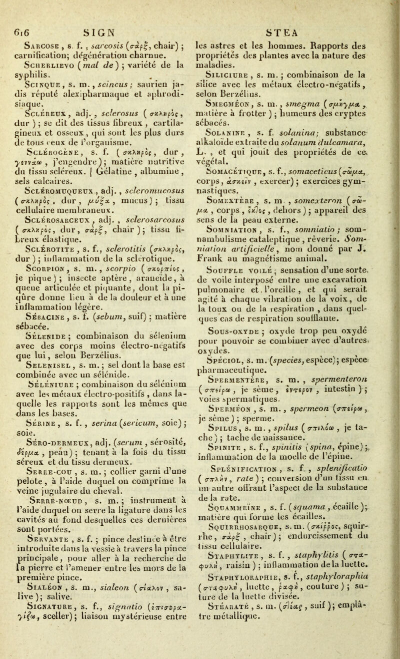 Sarcose , 8. f. , sarcosis (c-àpt;, chair) 5 carnification; dégénération charnue. Scherhevo (mal de) ; variété de la syphilis. Scinque, s. m., scincus ; saurien ja- dis réputé alexipharmaque et aphrodi- siaque. Scléreux., adj. , sclerosus (a-nXnpôç, dur ) ; se dit des tissus fibreux , cartila- gineux et osseux, qui sont les plus durs de tous ceux de l’organisme. Sclérogène, s. f. ( o-jcx npoç, dur, yevvûce , j’engendre); matière nutritive du tissu scléreux. ( Gélatine , albumine , sels calcaires. Scléromuqueux , adj., scleromucosus (eruxnpoç, dur, y.vçu., mucus); tissu cellulaire membraneux. Sclérosarceux , adj. , sclerosarcosus ( (7-x.xr.foç, dur, eroipt;, chair); tissu fi- breux élastique. Sclerotite , s. f., sclerotitis (eruxhpoç, dur ) ; inflammation de la sclérotique. Scorpion, s. m., scorpio ( a«.op7rioç, je pique); insecte aptère, araueïde, à queue articulée et piquante, dont la pi- qûre donne lieu à de la douleur et à une inflammation légère. Sébacine , s. f. (sébum, suif) ; matière sébacée. Sèlenide ; combinaison du sélénium avec des corps moins électro-négatifs que lui, selon Berzélius. Selenisel , s. m. ; sel dont la base est combinée avec un sélénide. SélÉniure ; combinaison du sélénium avec les métaux électro-positifs , dans la- quelle les rapports sont les memes que dans les bases. Sérine , s. f. , serina (sericum, soie) ; soie. Séro-dermeux, adj. (sérum , sérosité, J~îpyx , peau) ; tenant à la fois du tissu séreux et du tissu dermeux. Serre-cou , s. m. ; collier garni d’une pelote, à l’aide duquel on comprime la veine jugulaire du cheval. Serre-noeud , s. m. ; instrument à l’aide duquel on serre la ligature dans les cavités au fond desquelles ces dernières sont portées. Servante , s. f. ; pince destinée à être introduite dans la vessie à travers la pince principale, pour aller à la recherche de la pierre et l’amener entre les mors de la première pince, SialÉon , s. m., sialeon (erlstAov , sa- live); salive. Signature, s. f., signatio (&7rto-$p'j.- sceller); liaison mystérieuse entre les astres et les hommes. Rapports des propriétés des plantes avec la nature des maladies. Siliciure , s. m. ; combinaison de la silice avec les métaux électro-négatifs, selon Berzélius. Smegméon, s. m., smegma (o-ynyyet, matière à frotter ) ; humeurs des cryptes sébacés. Solanine , s. f. solanina; substance alkaloïde extraite du solanum duLcamara, L. , et qui jouit des propriétés de ce, végétal. SomacÊtique, s. f., somaceticus(payai, corps, àa-Kiiv , exercer) ; exercices gym- nastiques. Somextère , s. m , somextsrnn (o-à- ya , corps , çkIoç, dehors ) ; appareil des sens de la peau externe. Somniation, s. f., somnialio ; som- nambulisme cataleptique , rêverie. Som- niation artificielle, nom donné par J, Frank au magnétisme animal. Souffle voilé; sensation d’une sorte, de voile interposé entre une excavation pulmonaire et. l’oreille , et qui serait, agité à chaque vibration de la voix, de la toux ou de la respiration , dans quel- ques cas de respiration soufflante. Sous-oxyde ; oxyde trop peu oxydé pour pouvoir se combiner avec d’autres, oxydes. Spéciol, s. m. (species, espèce); espèce^ pharmaceutique. Spermentère, s. m. , spermenleron (<77nipoù, je sème, tvnpov , intestin); voies .spermatiques. Sperméon , s. m., spermeon (rmipu, je sème ) ; sperme. Spilus, s. m. , spilus ( o-.tiAc» , je ta- che ) ; tache de naissance. Spinite , s. f., spinilis (spina, épine) inflammation de la moelle de l’épine. Splénification , s. f , splenificalio ( crzrAiïv, rate) ; conversion d’un tissu en. un autre offrant l’aspect de la substance de la rate. Squammeïne , s. f. (squama, écaille);- matière qui forme les écailles. Squirrhosarque, s.m. (twippoc, squir- rhe, >f , chair); endurcissement du tissu cellulaire. Staphylite , s. f. , staphylitis ( a-t<*- , raisin ) ; inflammation de la luette. Staphyloraphie, s. f., staphylorapliia (o-Tnquhn , luette, couture) ; su- ture de la luette divisée. Stéarate , s. m. (criée, suif ); emplâ- tre métallique.