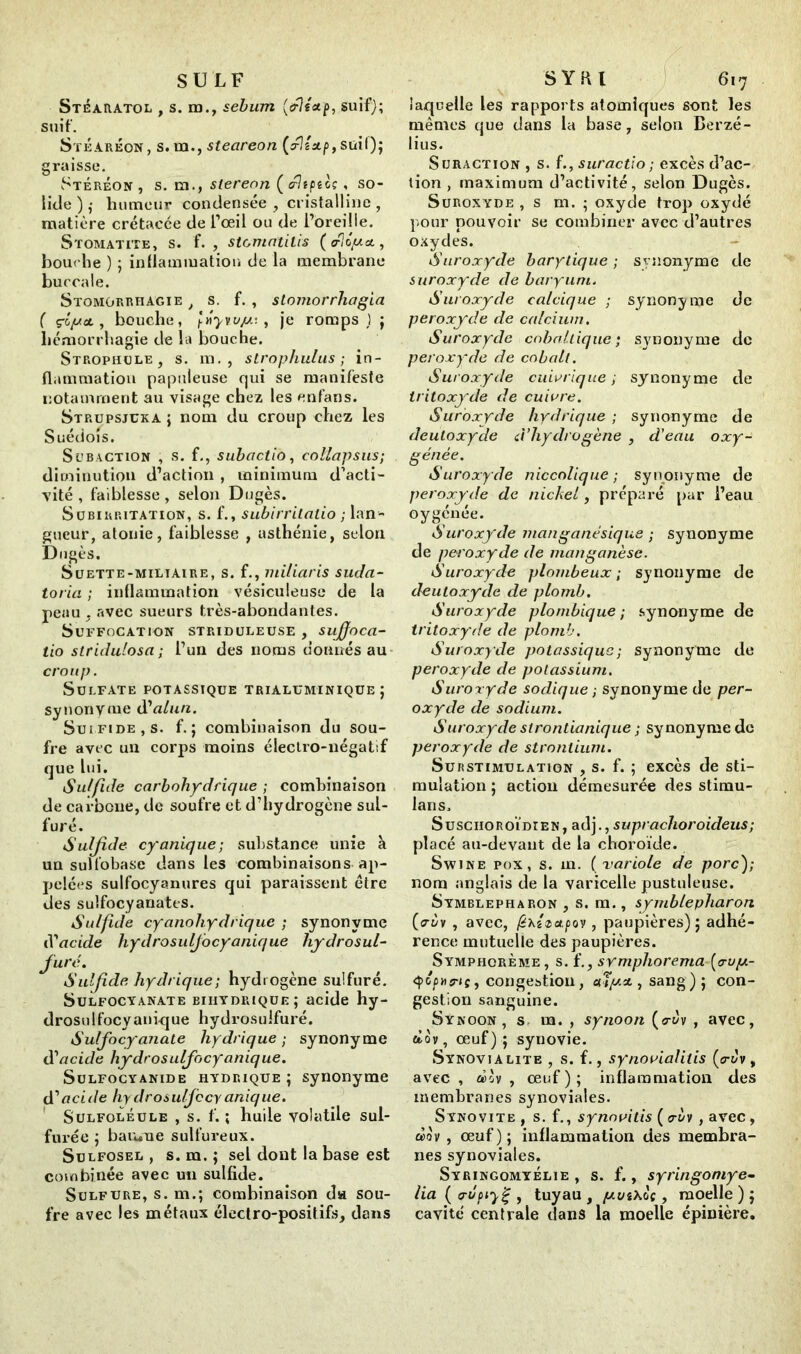 S U L F Stéaratol , s. m., sébum (trltet-f, suif); suif. Stéaréon , s. ta., steareon {xlistp, suif); graisse. Stéréon, s. m., stereon ( olipéc;, so- lide ) ,• humeur condensée , cristalline , matière crétacée de l’œil ou de l’oreille. Stomatite, s. f. , stomatites ( ploya., bouche ) ; inflammation de la membrane buccale. Stomorrhagie , s. f. , stomorrhagia ( çiya, bouche, ^yv^y., je romps); hémorrhagie de la bouche. Strophüle, s. m. , slrophulus ; in- flammation papuleuse qui se manifeste notamment au visage chez les enfans. Strupsjuka ; nom du croup chez les Suédois. Subaction , s. f., subactio, collapsus; diminution d’action , minimum d’acti- vité , faiblesse, selon Dugès. Subirritation, s. f., subirritalio ; lan- gueur, atonie, faiblesse , asthénie, selon Dugès. Suette-miltaire, s. f., miliaris suda- toria ; inflammation vésiculeuse de la peau , avec sueurs très-abondantes. Suffocation striduleuse , suffoca- tio stridulosa ; l’un des noms donnés au croup. Sulfate potassique trialuminique ; synonyme d'alun. Sulfide , s. f. ; combinaison du sou- fre avec un corps moins électro-négatif que lui. Sulfide carbohydrique ; combinaison de carbone, de soufre et d’hydrogène sul- furé. Sulfide cyanique; substance unie à un sulfobasc dans les combinaisons ap- pelées sulfocyanures qui paraissent être des sulfocyanates. Sulfide cyanohydrique ; synonyme iVacide hydrosulfocyanique hydrosul- furé. Sulfide hydrique; hydrogène sulfuré. Sulfocyanate biiiydrique; acide hy- drosu lfocyanique hydrosulfuré. Sulfocyanate hydrique ; synonyme d'acide hydrosulfocyanique. Sulfocyanide hydrique ; synonyme d acide hydrosulfocyanique. Sulfoléule , s. f. ; huile volatile sul- furée ; baruue sulfureux. Sulfosel , s. m. ; sel dont la base est combinée avec un sulfide. Sulfure, s. m.; combinaison da sou- fre avec les métaux électro-positifs, dans SYtU 617 laquelle les rapports atomiques sont les mêmes que dans la base, selon Berzé- lius. Suraction , s. f., suractio; excès d’ac- tion , maximum d’activité, selon Dugès. Suroxyde , s m. ; oxyde trop oxydé pour pouvoir se combiner avec d’autres oxydes. Suroxyde barytique ; synonyme de suroxyde de baryum. Suroxyde calcique ; synonyme de peroxyde de calcium. Suroxyde cobal tique ; synonyme de peroxyde de cobalt. Suroxyde cuivrique ; synonyme de tritoxyde de cuivre. Suroxyde hydrique ; synonyme de deuloxyde d’hydrogène , d’eau oxy- génée. Suroxyde niccolique ; synonyme de peroxyde de nickel, préparé par l’eau oygénée. Suroxyde manganésique ; synonyme de peroxyde de manganèse. Suroxyde plombeux ; synonyme de deuloxyde de plomb. Suroxyde plombique ; synonyme de tritoxyde de plomb. Suroxy de potassique ; synony me de peroxyde de potassium. Suroxyde sodique ; synonyme de per- oxyde de sodium. Suroxyde strontianique ; synonyme de peroxyde de strontium. Surstimulation , s. f. ; excès de sti- mulation ; action démesurée des stimu- lans. SuschoRoi’dien, adj., suprachoroideus; placé au-devant de la choroïde. Swine pox, s. m. ( variole de porc); nom anglais de la varicelle pustuleuse. Symblepharon , s. m., symbtepharon (o-êv , avec, (èx'Uapoy, paupières); adhé- rence mutuelle des paupières. Sympiiorème , s. f., symphorema [eruy- <î>o puff-tç, congestion, aîya , sang); con- gestion sanguine. Synoon, s m. , synoon (o-t/v , avec, dov, œuf) ; synovie. Synovialite , s. f., synovialitis (^v, avec , dh , œuf); inflammation des membranes synoviales. Synovite , s. f., synovitis (<ri/v , avec, dov , œuf); inflammation des membra- nes synoviales. Syringomyelie , s. f., syringomye- lia ( pupiyg, tuyau, yvt>.oi , moelle); cavité centrale dans la moelle épinière.