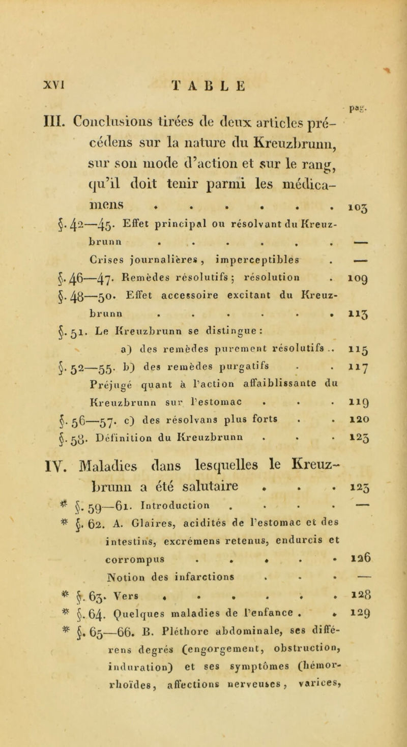 III. Conclusions tirees tie deux articles pre- cedens sur la nature du Kreuzbrunn, sur son mode d’action et sur le raim. c / qu’il doit tenir parmi les medica- mens ...... §•4-—45' Effet principal on resolvunt du Kreuz- brunn ...... Crises journalieres , impcrceptibles §.46—47' P‘emedes resolutifs; resolution §• 48—50. Effet accessoire excitant du Kreuz- brunn . . . • . • ^.51. Le Kreuzbrunn se distingue: a) des remedes purement resolutifs .. 52—55. b) des remedes purgatifs Prejuge quant a l’action affaiblissante du Kreuzbrunn sur l’estomac 56—57. c) des resolvans plus forts Definition du Kreuzbrunn IY. Maladies dans lesquelles le Kreuz- brunn a ete salutaire . ^ §• 59—6l’ Introduction .... # t)2. A. Glaires, acidites de l’estomac ct des intestins, excremens retenus, endurcis et corrompus . . » . • Notion des infarctions * 63* Vers ...... * 64- Quelques maladies de l’enfance . » # g^—gg. B. Plethore abdominale, ses diffe- rens degres (engorgement, obstruction, induration) et ses symptomes (hemor- rhoides, affections nerveuses, varices, pa;;. 103 109 X15 X15 117 119 120 125 125 126 128 129
