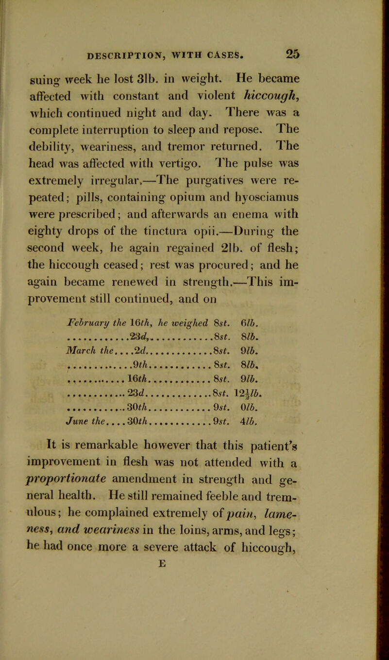 suing week he lost 31b. in weight. He became affected with constant and violent hiccough, which continued night and day. There was a complete interruption to sleep and repose. The debility, weariness, and tremor returned. The head was affected with vertigo. The pulse was extremely irregular.—The purgatives were re- peated; pills, containing opium and hyosciamus were prescribed; and afterwards an enema with eighty drops of the tinctura opii.—During the second week, he again regained 21b. of flesh; the hiccough ceased; rest was procured; and he again became renewed in strength.—This im- provement still continued, and on February the 16/A, he weighed Sst. 6lb. 23d, 8s/. 8/6. March the... ,2d 8s/. 9/6. 9/A 8s/. 8/6, IG/A 8s/. 9/6. 23d 8s/. 12|/6. 30/A 9s/. 0/6. June the.... 30/A 9s/. 4/6. It is remarkable however that this patient’s improvement in flesh was not attended with a proportionate amendment in strength and ge- neral health. He still remained feeble and trem- ulous ; he complained extremely of pain, lame- ness, and weariness in the loins, arms, and legs; he had once more a severe attack of hiccough, E