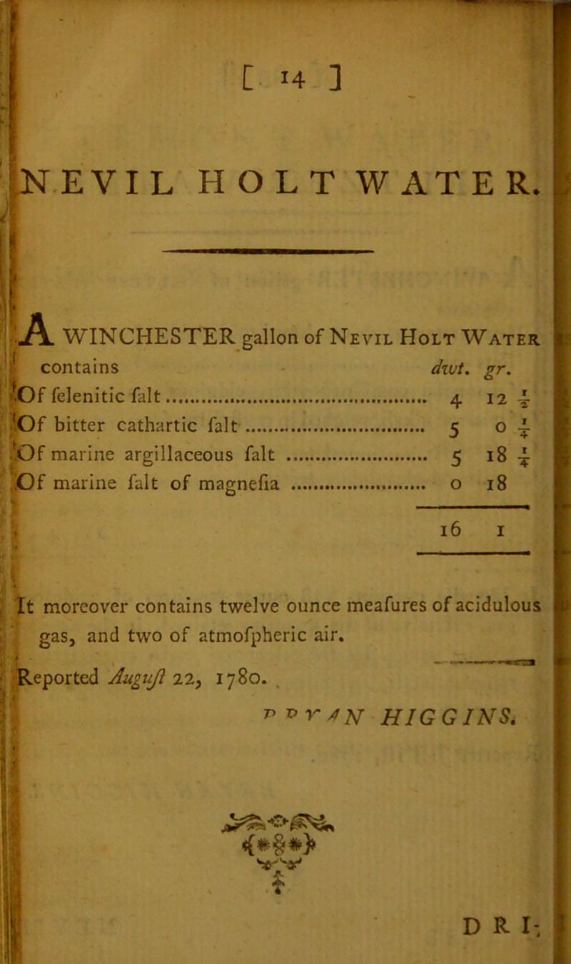 |N EVIL HOLT WATER. . J\. WINCHESTER gallon of Nevil Holt Water contains divt. gr. ZOf felenitic fait 4 12 4 .'Of bitter cathartic fait 5 o ~ .'.Of marine argillaceous fait 5 18 ^ jOf marine fait of magnefia o 18 16 1 . It moreover contains twelve ounce meafures of acidulous gas, and two of atmofpheric air. Reported Augujl 22, 1780. v vr Jjsr HIGGINS. <*§*> $ D R I;