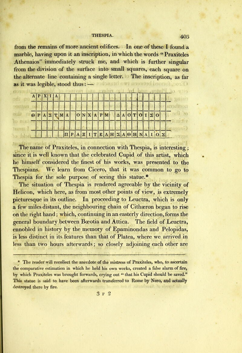 from the remains of more ancient edifices. In one of these I found a marble, having upon it an inscription, in which the words “Praxiteles Athenaios” immediately struck me, and which is further singular from the division of the surface into small squares, each square on the alternate line containing a single letter. The inscription, as far as it was legible, stood thus: —• The name of Praxiteles, in connection with Thespia, is interesting; since it is well known that the celebrated Cupid of this artist, which he himself considered the finest of his works, was presented to the Thespians. We learn from Cicero, that it was common to go to Thespia for the sole purpose of seeing this statue.* The situation of Thespia is rendered agreeable by the vicinity of Helicon, which here, as from most other points of view, is extremely picturesque in its outline. In proceeding to Leuctra, which is only a few miles distant, the neighbouring chain of Cithaeron began to rise on the right hand; which, continuing in an easterly direction, forms the general boundary between Boeotia and Attica. The field of Leuctra, ennobled in history by the memory of Epaminondas and Pelopidas, is less distinct in its features than that of Platea, where we arrived in less than two hours afterwards; so closely adjoining each other are * The reader will recollect the anecdote of the mistress of Praxiteles, who, to ascertain $ the comparative estimation in which he held his own works, created a false alarm of fire, by which Praxiteles was brought forwards, crying out “ that his Cupid should be saved.” This statue is said to have been afterwards transferred to Rome by Nero, apd actually destroyed there by fire. 3 F 2