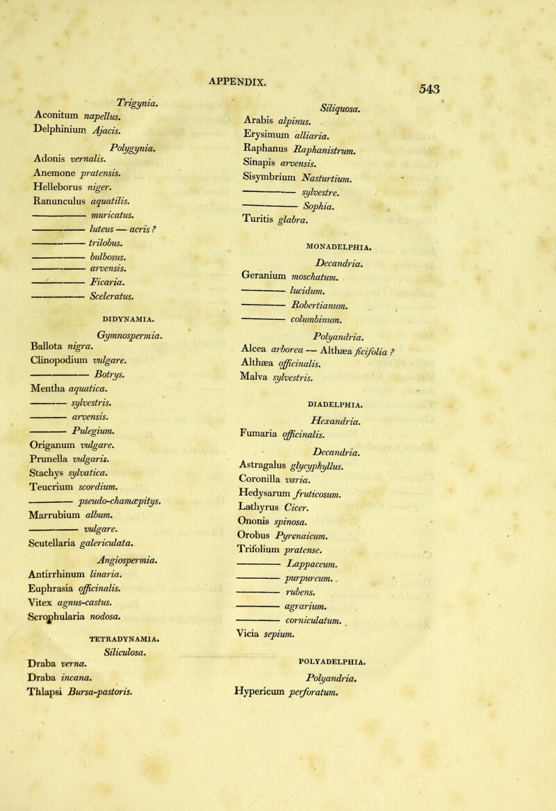 543 Trigynia. Aconitum napellus. Delphinium Ajacis. Polygynia. Adonis vemalis. Anemone pratensis. Helleborus niger. Ranunculus aquatilis. muricatus. luteus — acrh? trilobus. bulbosus. arvensis. ^ Ficaria. Sceleratus. DIDYNAMIA. Gymnospermia. Ballota nigra. Clinopodium vulgare. Botrys. Mentha aqitatica. sylvestris. arvensis. Pulegium. Origaniun vulgare. Prunella vulgaris. Stachys sylvatica. Teucrium scordium. pseudo-chamcepitys. Marrubium album. vulgare. Scutellaria galericulata. Angiospermia. Antirrhinum linaria. Euphrasia officinalis. Vitex agnus-castus. Scro^hularia nodosa. TETRADYNAMIA. Siliculosa. Draba verna. Draba incana. Thlapsi Bursa-pastoris. Siliqmsa. Arabis alpinus. Erysimmn alliaria. Raphanus Raphanistrum. Sinapis arvensis. Sisymbrium Nasturtium. sylvestre. Sophia. Turitis glabra. monadelphia. Decandria. Geranium moschatum. lucidum. — Robertianum. columbinum. Polyandria. Alcea arborea — Althaea ficifolia ? Althaea officinalis. Malva sylvestris. DIADELPHIA. Hexandria. Fmnaria officinalis. Decandria. Astragalus glycyphyllus. Coronilla varia. Hedysarum fruticosum. Lathyrus Cicer. Ononis spinosa. Orobus Pyrenaicum. Trifolium pratense. Lappaceum. purpureum., rubens. agrarium. comiculatum. Vicia sepium. POLYADELPHIA. Polyandria, Hypericum perforatum.