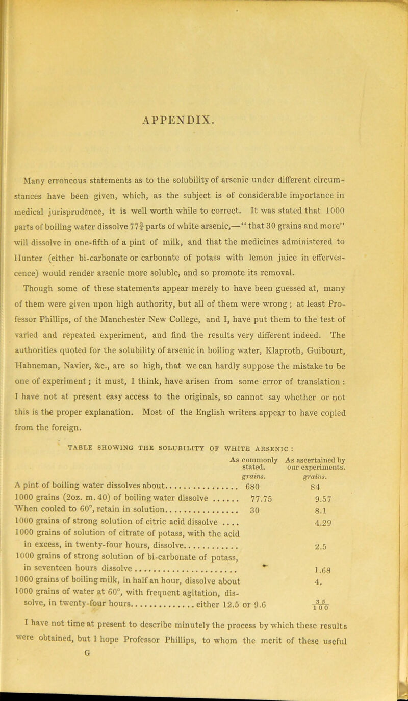 APPENDIX. Many erroneous statements as to the solubility of arsenic under different circum- stances have been given, which, as the subject is of considerable importance in medical jurisprudence, it is well worth while to correct. It was stated that 1000 parts of boiling water dissolve 77§ parts of white arsenic,—“ that 30 grains and more” will dissolve in one-fifth of a pint of milk, and that the medicines administered to Hunter (either bi-carbonate or carbonate of potass with lemon juice in efferves- cence) would render arsenic more soluble, and so promote its removal. Though some of these statements appear merely to have been guessed at, many of them were given upon high authority, but all of them were wrong; at least Pro- fessor Phillips, of the Manchester New College, and I, have put them to the test of varied and repeated experiment, and find the results very different indeed. The authorities quoted for the solubility of arsenic in boiling water, Klaproth, Guibourt, Hahneman, Navier, &c., are so high, that we can hardly suppose the mistake to be one of experiment; it must, I think, have arisen from some error of translation : I have not at present easy access to the originals, so cannot say whether or not this is the proper explanation. Most of the English writers appear to have copied from the foreign. TABLE SHOWING THE SOLUBILITY OP WHITE ARSENIC : As commonly As ascertained by stated. our experiments. grains. grains. A pint of boiling water dissolves about 680 84 1000 grains (2oz. m. 40) of boiling water dissolve 77.75 9.57 When cooled to 60°, retain in solution 30 8.1 1000 grains of strong solution of citric acid dissolve 4.29 1000 grains of solution of citrate of potass, with the acid in excess, in twenty-four hours, dissolve 2.5 1000 grains of strong solution of bi-carbonate of potass, in seventeen hours dissolve * 1.68 1000 grains of boiling milk, in half an hour, dissolve about 4. 1000 grains of water at 60°, with frequent agitation, dis- solve, in twenty-four hours either 12.5 or 9.6 I have not time at present to describe minutely the process by which these results were obtained, but I hope Professor Phillips, to whom the merit of these useful G