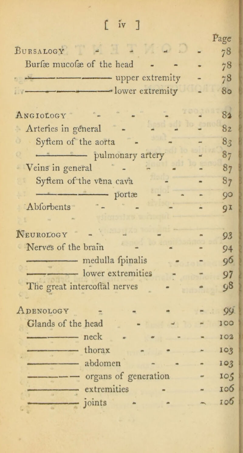 Page Bursalogy - - - - 00 Burfae mucofae of the head - 00 ' — upper extremity - 78 t , —— lower extremity - So Angiology - m Si Arteries In general - - - - 82 Syftem of the aorta - 83 — pulmonary artery m 87 Veins In general ‘ - - 87 Syftem ofthe v6na cava m 87 —^ portae - 90 Abforbents - 9^ Neurology - - - * 93 Nerves of the brain - 94 medulla fpinalls - 96 • lower extremities - 97 The great intercoftal nerves - S8 Adenology - - 99 Glands of the head - ^ ** 100 —— neck ... - - 102 thorax - 103 - ■ ■- abdomen - 103 ■ extremities - 106 joints 106