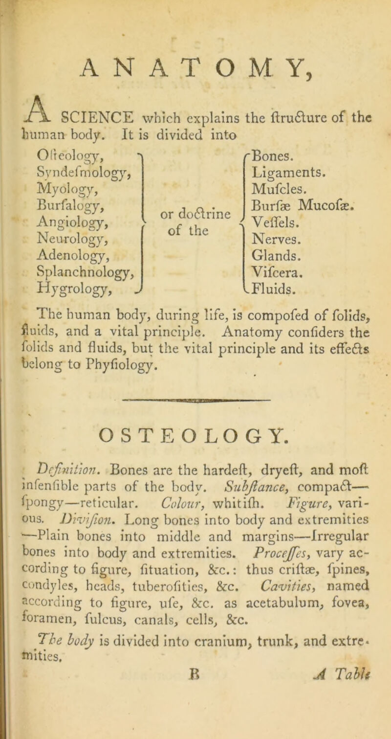 ANATOMY, A SCIENCE which explains the ftru£lure of the human body. It is divided into Olteology, Syndefmology, Myology, Burfalogy, Angiology, Neurology, Adenology, Splanchnology, Hygrology, J or doilrine of the rBones. Ligaments. Mufcles. Burfae Mucofe. Veffels. Nerves. Glands. Vifeera. Fluids. The human body, during life, Is compofed of folids, fluids, and a vital principle. Anatomy confiders the folids and fluids, but the vital principle and its effefts belong to Phyfiology. OSTEOLOGY. 'Definition. Bones are the hardeft, dryeft, and moft; infenfible parts of the body. Subfiance, compact— fpongy—reticular. Colour, whitiflh. Figure, vari- ous. Dhnfiion. Long bones into body and extremities —Plain bones into middle and margins—Irregular bones into body and extremities. Procejfes, vary ac- cording to figure, fituation, &c.: thus criftae, fpines, condyles, heads, tuberofities, &c. Cavities, named according to figure, ufe, &:c. as acetabulum, fovea, foramen, fulcus, canals, cells, &c. The body is divided Into cranium, trunk, and extre- tnitles. B A Tabu