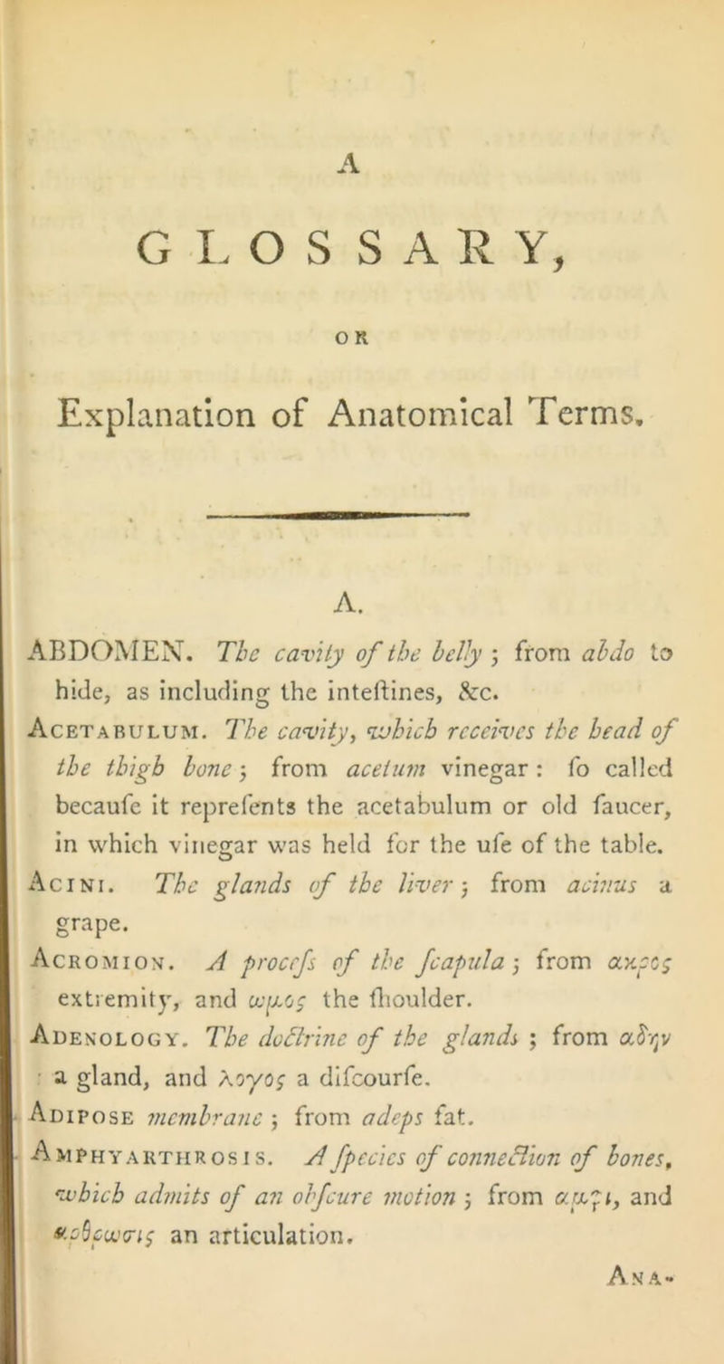 A G I. O S S A R Y, O R Explanation of Anatomical Terms. A. ABDOMEX. The cav 'ily of the heVy j from ahdo to hide, as including the inteftines, &c. Acetabulum. The cavity, nvhlch receives the head of the thigh bone from acetiim vinegar : fo called becaufe it reprefents the acetabulum or old faucer, in which vinegar was held for the ufe of the table. Acini. The glands cf the livery from acinus a grape. Acromion. A procefs of the fcapula •, from a.y.:cg extremity, and ayvto; the dioulder. Adenology. The dodlrinc of the glands ; from airy a gland, and Aoyoj a difeourfe. Adipose membrane ; from adeps fat. Amphyarthrosis. afpecies of conncLlion of hones, v)hich admits of an ohfeure motion j from and aoScvoai; an articulation. Ana-