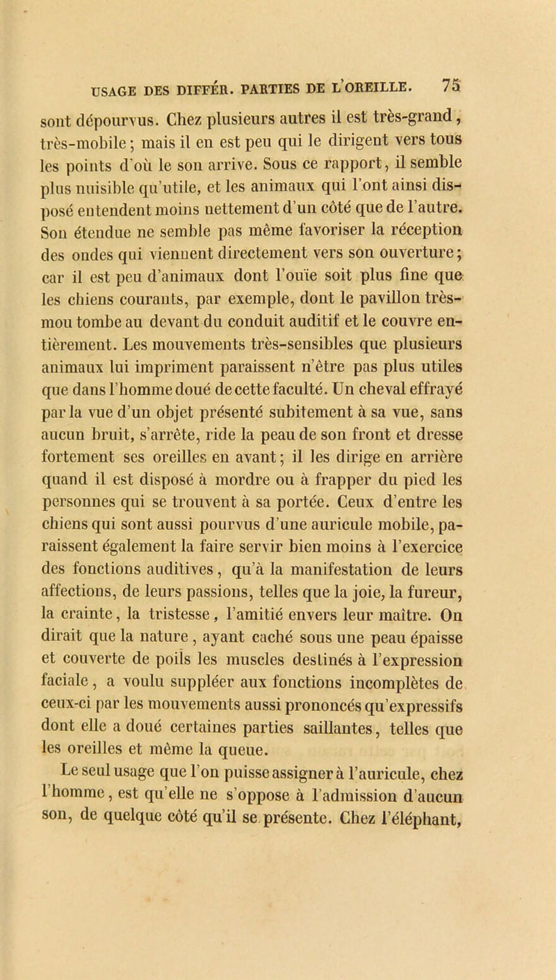 sont dépourvus. Chez plusieurs autres il est très-grand, très-mobile ; mais il en est peu qui le dirigent vers tous les points d'où le son arrive. Sous ce rapport, il semble plus nuisible qu’utile, et les animaux qui 1 ont ainsi dis- posé entendent moins nettement d’un côté que de l’autre. Son étendue ne semble pas même favoriser la réception des ondes qui viennent directement vers son ouverture ; car il est peu d’animaux dont l’ouïe soit plus fine que les chiens courants, par exemple, dont le pavillon très- mou tombe au devant du conduit auditif et le couvre en- tièrement. Les mouvements très-sensibles que plusieurs animaux lui impriment paraissent n’être pas plus utiles que dans l’homme doué de cette faculté. Un cheval effrayé parla vue d’un objet présenté subitement à sa vue, sans aucun bruit, s’arrête, ride la peau de son front et dresse fortement ses oreilles en avant ; il les dirige en arrière quand il est disposé à mordre ou à frapper du pied les personnes qui se trouvent à sa portée. Ceux d’entre les chiens qui sont aussi pourvus d’une auricule mobile, pa- raissent également la faire servir bien moins à l’exercice des fonctions auditives , qu’à la manifestation de leurs affections, de leurs passions, telles que la joie, la fureur, la crainte, la tristesse, l’amitié envers leur maître. On dirait que la nature , ayant caché sous une peau épaisse et couverte de poils les muscles deslinés à l’expression faciale , a voulu suppléer aux fonctions incomplètes de ceux-ci par les mouvements aussi prononcés qu’expressifs dont elle a doué certaines parties saillantes, telles que les oreilles et même la queue. Le seul usage que l’on puisse assigner à l’auricule, chez 1 homme, est qu’elle ne s’oppose à l’admission d’aucun son, de quelque côté qu’il se présente. Chez l’éléphant.