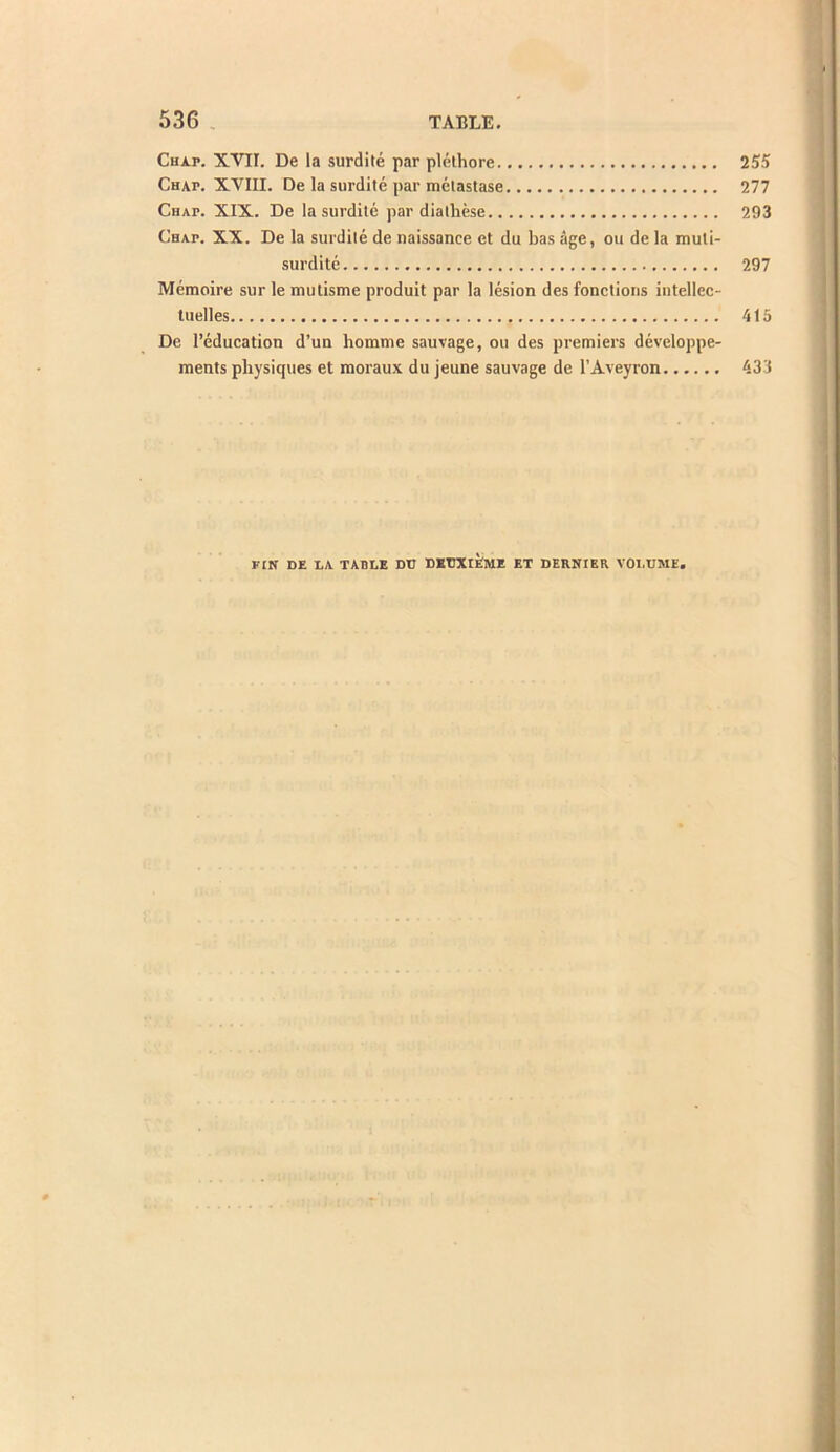 Chap. XVII. De la surdité par pléthore 255 Chap. XVIII. De la surdité par métastase 277 Chap. XIX. De la surdité par diathèse 293 Chap. XX. De la surdité de naissance et du bas âge, ou de la muti- surdité 297 Mémoire sur le mutisme produit par la lésion des fonctions intellec- tuelles 415 De l’éducation d’un homme sauvage, ou des premiers développe- ments physiques et moraux du jeune sauvage de l’Aveyron 433 FIN DE LA TADI.E DU DKUXtèME ET DERNIER VOl.UME,