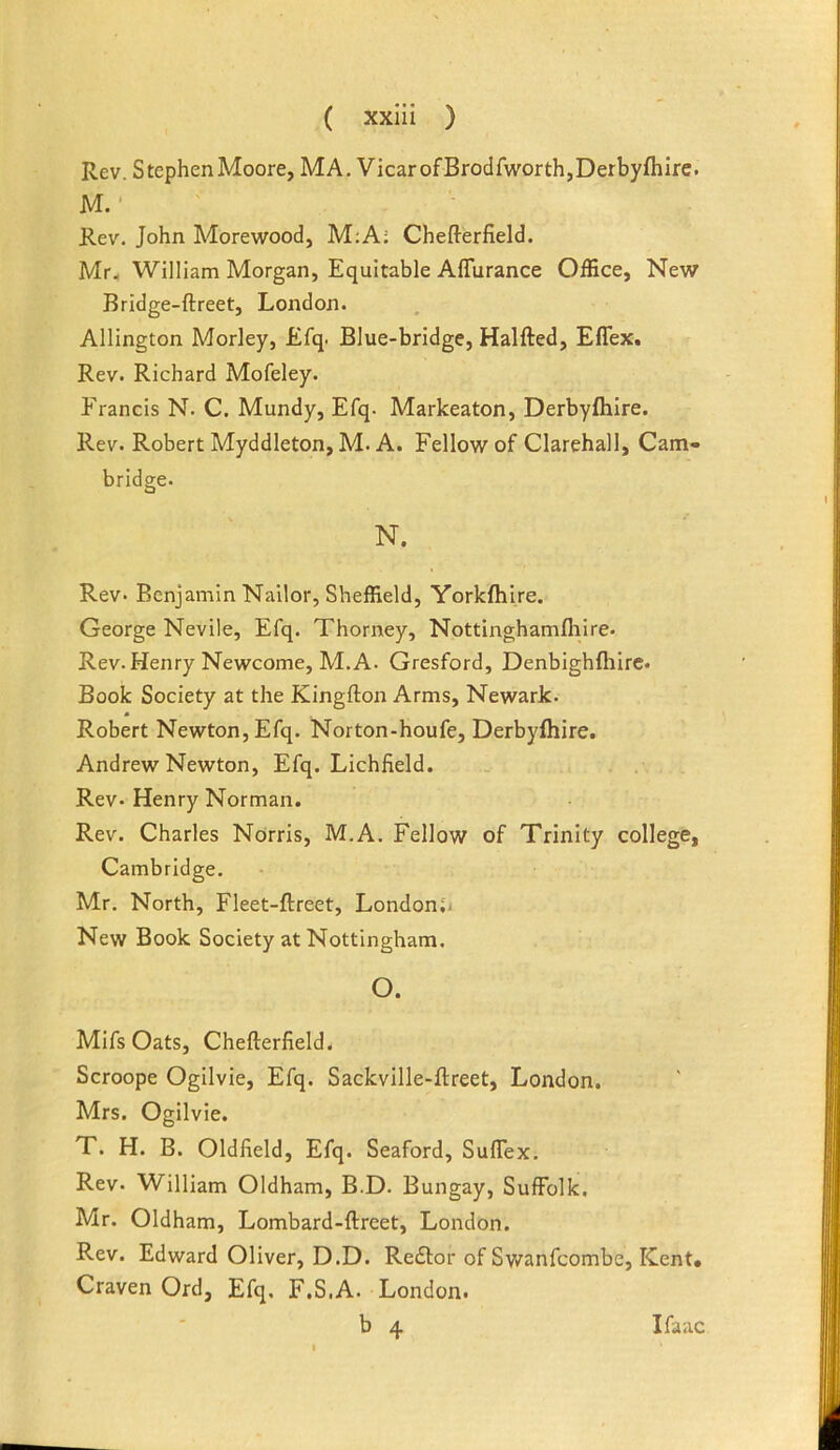 Rev. StcphenMoore, MA. VicarofBrodfworth,Derbyfhire. M.' Rev. John Morewood, M;A; Chefterfield. Mr., William Morgan, Equitable AfTurance Office, New Bridge-ftreet, London. Allington Morley, Efq. Blue-bridge, Halfted, Effex. Rev. Richard Mofeley. Francis N. C. Mundy, Efq. Markeaton, Derbyfhire. Rev. Robert Myddleton, M. A. Fellow of Clarehall, Cam- brida;e. O N. Rev- Benjamin Nailor, Sheffield, Yorkfhire. George Nevile, Efq. Thorney, Nottinghamfliire. Rev. Henry Newcome, M.A. Gresford, Denbighfliirc. Book Society at the Kingfton Arms, Newark. Robert Newton, Efq. Norton-houfe, Derbyfhire. Andrew Newton, Efq. Lichfield. Rev- Henry Norman. Rev. Charles Norris, M.A. Fellow of Trinity college, Cambridge. Mr. North, Fleet-ftreet, Londonji New Book Society at Nottingham. o. Mifs Oats, Chefterfield. Scroope Ogilvie, Efq. Sackville-flreet, London. Mrs. Ogilvie. T. H. B. Oldfield, Efq. Seaford, SufTex, Rev. William Oldham, B.D. Bungay, Suffolk, Mr. Oldham, Lombard-ftreet, London. Rev. Edward Oliver, D.D. Redtor of Swanfeombe, Kent. Craven Ord, Efq, F.S.A. London. b 4 Ifaac