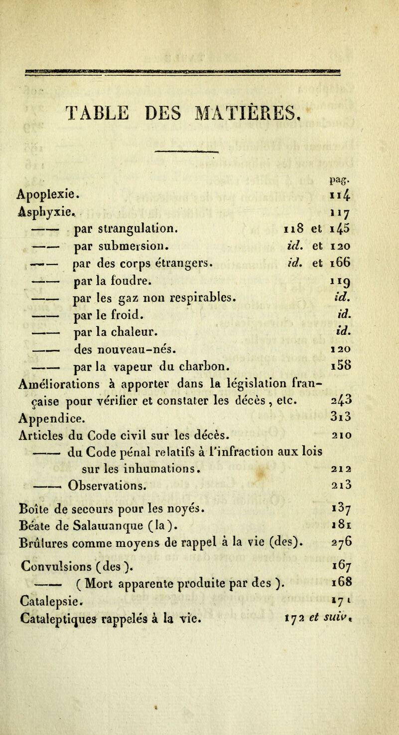 TABLE DES MATIÈRES, l»S- Apoplexie. ii4 Asphyxie., 117 par strangulation. 118 et i45 par submeisioii. ici, et 120 —— par des corps étrangers. id. et 166 —— par la foudre. 119 par les gaz non respirâbles. id, par le froid. id. par la chaleur. id. des nouveau-nés. 120 par la vapeur du charbon. i58 Améliorations à apporter dans la législation fran- çaise pour vérifier et constater les décès , etc. a43 Appendice. 3i3 Articles du Code civil sur les décès. 210 du Code pénal relatifs à Tinfraction aux lois sur les inbumations. 212 —— Observations. 2i3 Boîte de secours pour les noyés. iSj Béate de Salaïuancpie (la). 181 Briilures comme moyens de rappel à la vie (des). 276 Convulsions (des ). 167 ( Mort apparente produite par des ). 168 Catalepsie. Catalepti(jues rappelés à la vie. et jwiV,