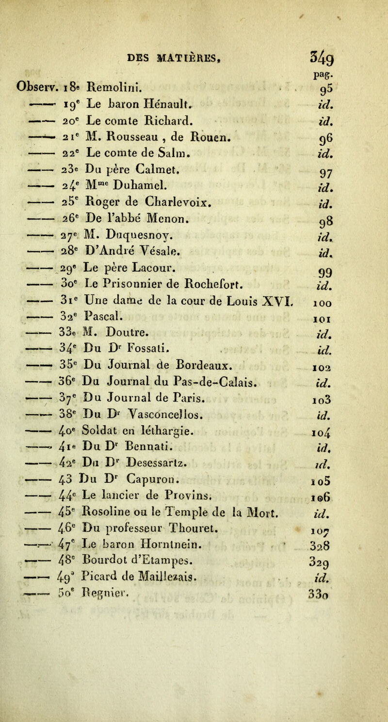 DES MATIÈRES, 34g pag- ObseiT. i8e Remoliriî. • . 96 19® Le baron He'nault. ici. 20® Le comte Richard. id, —2ï® M. Rousseau , de Rouen. 96 22® Le comte de Salm. id. —1— 23e Du père Calmet, ‘ 97 24® M“® Duhamel. id. —— 25® Roger de Charlevoix, id. 26® De Tabbé Menon, , ^8 27e M. Duquesnoy. jd, 28® D’André Vésale. id. _^29« Le père Lacour. 3o® Le Prisonnier de Rochefort. id, 3i« Une dame de la cour de Louis XVL 100 ■ ' ' ■ ■ 32® ï^ascal. 101 33e M. Doutre. id, 34® Du D Fossali. . id, —— 35® Du Journal de Bordeaux. 102 56® Du Journal du Pas-de-Calais. id. —— 37® Du Journal de Paris. io3 38® Du D‘’ Vascônce)los. id. 4o® Soldat en léthargie. io4 —— 4i® Du D Bennati. iV. 42® Du D® Desessartz. jd. 43 Du D* Capuron. îo5 44® Le lancier de Provins. 106 43® Rosoline ou le Temple de la Mort. id. 43® Du professeur Thouret. 107 —-—' 4y® liC baron Hornlnein. . ■ 328 —— 43® Bourdot d’Etampes. 829 —— 4q^ Picard de Maillezais. . id. —— 5O® Begnier. 33o