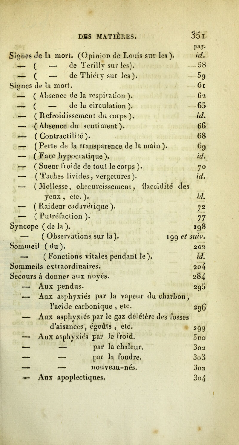 DBS MATIÈIVES. 35 I pagr. Signes de la mort. (Opinion de Louis sur les). Id. — ( — de Terilly sur les). -58 — ( — de Thiéry sur les). 5g Signes de la morl. 6i — ( Absence de la respiration ). 6‘i —.. ( — de la circulation ). 65 — ( Refroidissement du corps ). uL — ( Absence du sentiment). 66 — (Contractilité). 68 — (Perte de la transparence de la main ). 69 — ( Face bypocratique ).- id* — ( Sueur froide de tout le corps ). 70 -— ( Taches livides^ vergetures). id, — (Mollesse, obscurcissement; (laccldité des yeux , etc. ). Id, — ( Raideur cadavérique ). 72 — ( Putréfaction ). 77 Syncope ( de la ). ig8 — ( Observations sur la). 199 et siiw. Sommeil (du). 202 — ( Fonctions vitales pendant le). id. Sommeils extraordinaires. 2o4 Secours à donner aux noyés. 284 — Aux pendus. 296 ’— Aux asphyxiés par la vapeur du charbon, l’acide carbonique , etc. 296 — Aux asphyxiés par le gaz délétère des fosses d’aisances, égouts , etc. 299 — Aux asphyxiés par le froid. 5oo — — par la chaleur. 3o2 — — par la foudre. 3o5 :— nouveau-nés, 3o2 Aux apoplectiques» 3o4 I