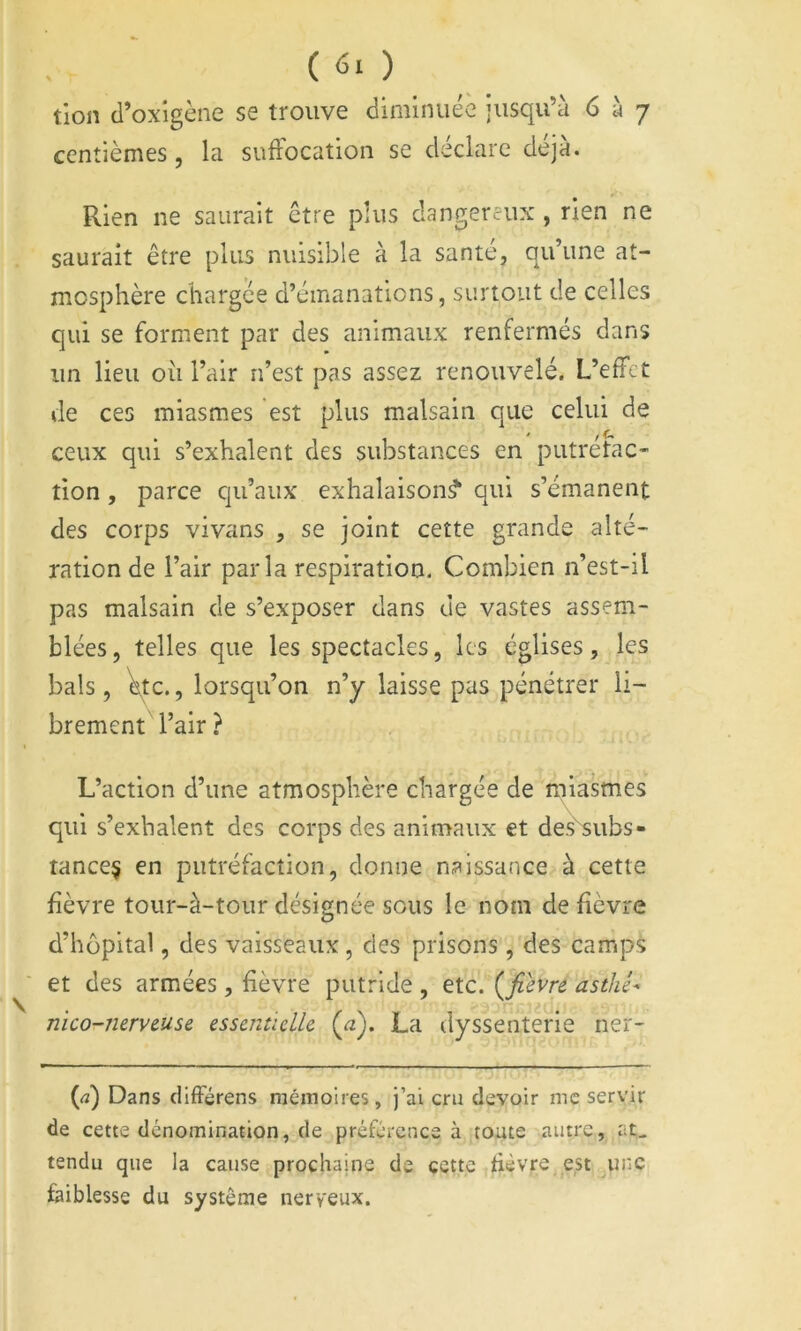 tion d’oxigène se trouve diminuée jusqu’à 6 à 7 centièmes , la suftbeation se déclare déjà. Rien ne saurait être plus dangereux , rien ne saurait être plus nuisible à la santé, qu’une at- mosphère chargée d’émanations, surtout de celles qui se forment par des animaux renfermés dans un lieu où l’air n’est pas assez renouvelé. L’effet de ces miasmes est plus malsain que celui de ceux qui s’exhalent des substances en putretac- tion, parce qu’aux exhalaison^ qui s’émanent des corps vivans , se joint cette grande alté- ration de l’air parla respiration. Combien n’est-il pas malsain de s’exposer dans de vastes assem- blées , telles que les spectacles, les églises, les bals, Vtc., lorsqu’on n’y laisse pas pénétrer li- brementH’air ? L’action d’une atmosphère chargée de miasmes qui s’exhalent des corps des animaux et des^ubs- tance§ en putréfaction, donne naissance à cette fièvre tour-à-tour désignée sous le nom de fièvre d’hôpital, des vaisseaux, des prisons , des camps et des armées, fièvre putride , etc. (^fievre asthê- nico-7ierveuse essentielle {a), La dyssenterie ner- O Dans clifFérens mémoires, j’ai cru devoir me servir de cette dénomination, de préférence à toute autre, at_ tendu que la cause prochaine de cette fièvre est ^unc faiblesse du système nerveux.