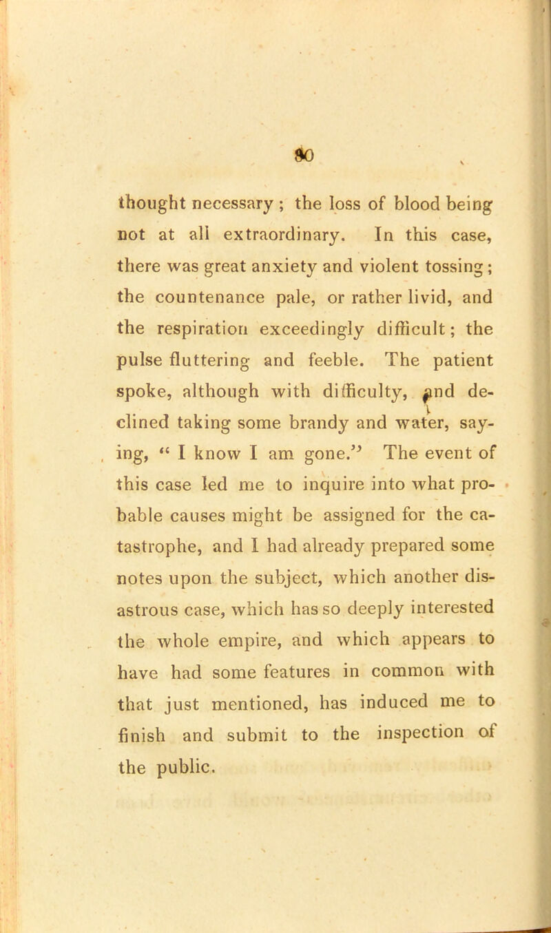 thought necessary ; the loss of blood being not at all extraordinary. In this case, there was great anxiety and violent tossing ; the countenance pale, or rather livid, and the respiration exceedingly difficult; the pulse fluttering and feeble. The patient spoke, although with difficulty, find de- clined taking some brandy and water, say- ing, “ I know I am gone.,J The event of this case led me to inquire into what pro- bable causes might be assigned for the ca- tastrophe, and I had already prepared some notes upon the subject, which another dis- astrous case, which has so deeply interested the whole empire, and which appears to have had some features in common with that just mentioned, has induced me to finish and submit to the inspection of the public.