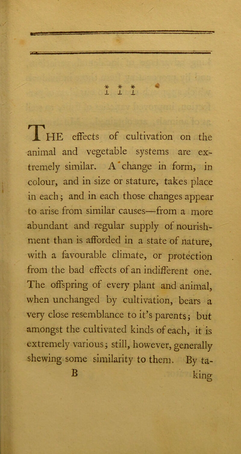 * * * <® 111 The effects of cultivation on the animal and vegetable systems are ex- tremely similar. A‘change in form, in colour, and in size or stature, takes place in each; and in each those changes appear to arise from similar causes—from a more abundant and regular supply of nourish- ment than is afforded in a state of nature, with a favourable climate, or protection from the bad effects of an indifferent one. The offspring of every plant and animal, when unchanged by cultivation, bears a very close resemblance to it’s parents; but amongst the cultivated kinds of each, it is extremely various; still, however, generally shewing some similarity to them. By ta- B king