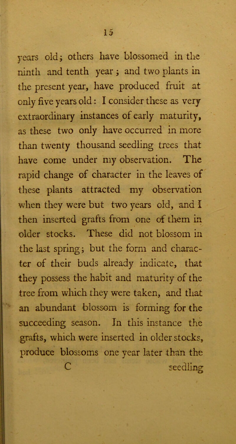 years old; others have blossomed in the ninth and tenth year ; and two plants in the present year, have produced fruit at only five years old: I consider these as very extraordinary instances of early maturity, as these two only have occurred in more than twenty thousand seedling trees that have come under my observation. The rapid change of character in the leaves of these plants attracted my observation when they were but two years old, and I then inserted grafts from one of them in older stocks. These did not blossom in the last spring; but the form and charac- ter of their buds already indicate, that they possess the habit and maturity of the tree from which they were taken, and that an abundant blossom is forming for the succeeding season. In this instance the grafts, which were inserted in older stocks, produce blossoms one year later than the C seedling