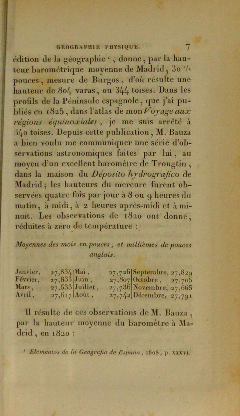 édition de la géographie 1, donne, par la hau- teur barométrique moyenne de Madrid , 3o 'h pouces, mesure de Burgos , d’où résulte une hauteur de 8o4 varas, ou 344 toises. Dans les profils de la Péninsule espagnole, que j’ai pu- bliés en 1825, dans l’atlas de mo oVojage aux régions équinoxiales, je me suis arrêté à 34o toises. Depuis cette publication, M. Bauza a bien voulu me communiquer une série d’ob- servations astronomiques faites par lui, au moyen d’un excellent baromètre de Trougtin , dans la maison du Déposito hrdrografico de Madrid; les hauteurs du mercure furent ob- servées quatre fois par jour à 8 ou 9 heures du matin, à midi, à 2 heures après-midi et à mi- nuit. Les observations de 1820 ont donné, réduites à zéro de température : Moyennes des mois en pouces , et millièmes de pouces anglais. Janvier, 27,834 Février, 27,88.3 Mars, 27,633 Avril, 27,617 Mai, 27,726 Juin, 27,807 Juillet, 27,786 Août, 27,742 Septembre, 27,829 Octobre, 27.708 Novembre, 27,665 Décembre, 27,791 Il résulte de ces observations de M. Bauza , par la hauteur moyenne du baromètre à Ma- drid , en 1820 : ‘ Elementos de lu Geografia de Espana , 1808 , p. xxxvi.