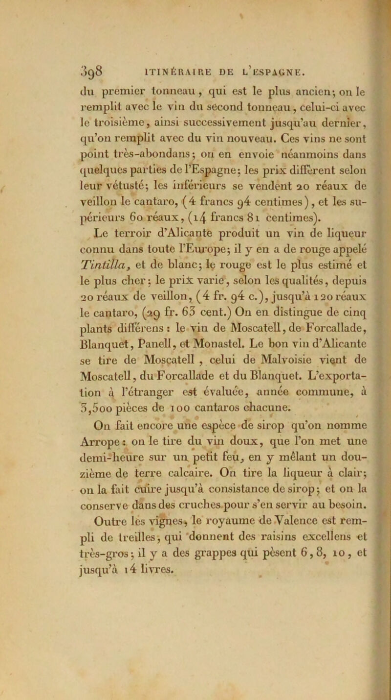 du premier tonneau , qui est le plus ancien; on le remplit avec le vin du second tonneau, celui-ci avec le troisième, ainsi successivement jusqu’au dernier, qu’on remplit avec du vin nouveau. Ces vins ne sont point très-abondans ; on en envoie néanmoins dans quelques parties de l’Espagne; les prix diffèrent selon leur vétusté; les inférieurs se vendent 20 réaux de veillon le cantaro, (4 francs g4 centimes) , et les su- périeurs 60 réaux, (14 francs 81 centimes). Le terroir d’Alicante produit un vin de liqueur connu dans toute l'Europe; il y en a de rouge appelé Tintilla, et de blanc; le rouge est le plus estimé et le plus cher ; le prix varie, selon les qualités, depuis 20 réaux de veillon, (4 fr. g4 c.), jusqu’à 120 réaux le cantaro, (29 fr. 63 cent.) On en distingue de cinq plants différens : le vin de Moscatell,de Forcallade, Blanquet, Panell, et Monastel. Le bon vin d’Alicante se tire de Moscatell , celui de Malvoisie vient de Moscatell, du Forcallade et du Blanquet. L’exporta- tion à l’étranger est évaluée, année commune, à 5,5oo pièces de 100 cantaros chacune. On fait encore une espèce de sirop qu’on nomme Arrope: on le tire du vin doux, que l’on met une demi-heure sur un petit feu, en y mêlant un dou- zième de terre calcaire. On tire la liqueur à clair; on la fait cuire jusqu’à consistance de sirop ; et ou la conserve dans des cruches pour s’en servir au besoin. Outre les vignes * le royaume de Valence est rem- pli de treilles, qui donnent des raisins excellens et très-gros; il y a des grappes qui pèsent 6,8, 10, et jusqu’à 14 livres.