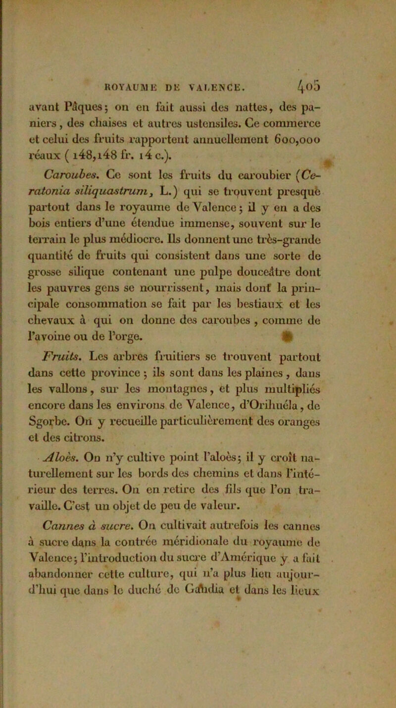 avant Pâques j on en l’ait aussi des nattes, des pa- niers , des chaises et autres ustensiles. Ce commerce et celui des fruits rapportent annuellement 600,000 réaux ( i48,i48 fr. i4 c.). Caroubes. Ce sont les fruits du caroubier (Ce- ratonia siliquastrum, L.) qui se trouvent presque partout dans le royaume de Valence ; il y en a des bois entiers d’une étendue immense, souvent sur le terrain le plus médiocre. Ils donnent une très-grande quantité de fruits qui consistent dans une sorte de grosse silique contenant une pulpe douceâtre dont les pauvres gens se nourrissent, mais dont la prin- cipale consommation se fait par les bestiaux et les chevaux à qui on donne des caroubes , comme de l’avoine ou de l’orge. £ Fruits. Les arbres fruitiers se trouvent partout dans cette province ; ils sont dans les plaines , dans les vallons, sur les montagnes, et plus multipliés encore dans les environs de Valence, d’Orihuéla, de Sgorbe. On y recueille particulièrement des oranges et des citrons. Aloès. On n’y cultive point l’aloès; il y croît na- turellement sur les bords des chemins et dans l'inté- rieur des terres. On en retire des fds que l’on tra- vaille. C’est un objet de peu de valetir. Cannes à sucre. On cultivait autrefois les cannes à sucre dans la contrée méridionale du royaume de Valence -, l’introduction du sucre d’Amérique y a fait abandonner cette culture, qui n’a plus lieu aujour- d’hui que dans le duché de Gcftidia et dans les lieux