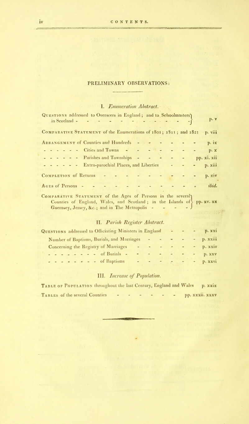 PRELIMINARY OBSERVATIONS: I. Enumeration Abstract. Questions addressed to Overseers in England ; and to Schoolmasters'] in Scotland - f’ p. v Comparative Statement of the Enumerations of iSoi ; 1S11 ; and 1821 p. viii Arrangement of Counties and Hundreds ------ p. ix ------ Cities and Towns - -- -- -- p. x ------ Parishes and Townships ----- pp. xi. xii ------ Extra-parochial Places, and Liberties - - - p. xiii Completion of Returns - - - p. xiv Ages of Persons - -- -- -- -- -- ibid. Comparative Statement of the Ages of Persons in the severah Counties of England, Wales, and Scotland ; in the Islands of j pp. xv. xx Guernsey, Jersey, &e.; and in The Metropolis - - - - J II. Parish Register Abstract. Questions addressed to Officiating Ministers in England Number of Baptisms, Burials, and Marriages Concerning the Registry of Marriages - ------- - of Burials - - - - of Baptisms p. xxi p. xxiii p. xxiv p. xxv p. xxvi III. Increase of Population. Table of Population throughout the last Century, England and Wales p. xxix Tables of the several Counties pp. XXXll. xxxv