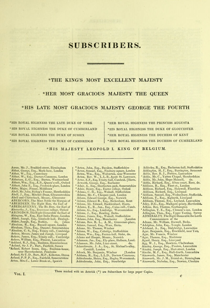 SUBSCRIBERS *THE KINGS MOST EXCELLENT MAJESTY *HER MOST GRACIOUS MAJESTY THE QUEEN *HIS LATE MOST GRACIOUS MAJESTY GEORGE THE FOURTH *HIS ROYAL HIGHNESS THE LATE DUKE OF YORK * HIS ROYAL HIGHNESS THE DUKE OF CUMBERLAND *HIS ROYAL HIGHNESS THE DUKE OF SUSSEX •HIS ROYAL HIGHNESS THE DUKE OF CAMBRIDGE •HER ROYAL HIGHNESS THE PRINCESS AUGUSTA •HIS ROYAL HIGHNESS THE DUKE OF GLOUCESTER •HER ROYAL HIGHNESS THE DUCHESS OF KENT * HER ROYAL HIGHNESS THE DUCHESS OF CUMBERLAND * HIS MAJESTY LEOPOLD I. KING OF BELGIUM. Aaron, Mr. J., Bradford-street, Birmingham Abbot, George, Esq., Mark-lane, London •Abbot, W., Esq., Canterbury •Abbot, W., Esq., Doctors Commons, London •Abbotson, E. G., Esq., Burton, Westmorland Abbott, Wm., Esq., A.B., Queen’scoll., Oxford •Abbott, John E., Esq., Frederick-place, London •Abbs, Major, Pinner, Middlesex Abell, Mr. John, Bishop’s Froome, Herefordshire Abell, J., Esq., Mitchel-Dean, Gloucestershire Abell and Clutterbuck, Messrs., Gloucester ABERCOEN, The Most Noble the Marquis of •ABERDEEN, The Right Hon. the Earl of •ABERGAVENNY, The Rt.Hon. the Earl of Abernethy, J., Esq., Braser.ose college, Oxford * ABINGDON, The Right Honorable the Earl of Abington, W., Esq., East India House, London Ablett, Joseph, Esq., Llanbedr-hall, Denbigh- Ablett, Joseph, Esq., Ruthin, do. [shire •Abraham, R., Esq., Russell-square, London Abraham, Thos., Esq., Dunster, Somersetshire * Absolom, C. S., Esq., Trinity coll., Cambridge Ackers, Messrs. James and Joseph, Liverpool Ackers, James, Esq., Trinity coll., Cambridge Ackers, William, Esq., Prescot, Lancashire •Ackland, R.J.,Esq., Boulston, Haverfordwest * Acland, Sir J. P., Bart., Fairfield, Sussex •Acland, Robert Innes, Esq., Boulston-house, near Haverfordwest, Pembroke Acland, SirT. D., Bart.,M.P., Killerton, Devon Acland, P. P. P., Esq., Fairfield, Somersetshire Acton, Mrs.C., Lower Brook-st., Ipswich •Acton, John, Esq., Burslem, Staffordshire •Acton, Samuel, Esq., Finsbury-square, London Acton, Wm., Esq., Wolverton, near Worcester Acton, Rev. W., L.L.B.,Ayott St. Lawrence, * Actor, E.F., Esq. Trinity-hall, Cambrid. [Herts. Acworth, George, Esq., Rochester •Adair, A., Esq., Heatherton-park, Somersetshire •Adair, Henry, Esq., Exeter college, Oxford •Adams, C. H., Esq., Walsall, Staffordshire Adams, Mr. C., Chequer-yard, London Adams, Edward George, Esq., Norwich •Adams, Edward R., Esq., Beckenham, Kent * Adams, Mr. Edward, Bucklershard, Hants. •Adams, E., R., Jun., Esq., Caius coll., Camb. Adams, G., Esq., Lindridge, Worcestershire •Adams, J., Esq., Reading, Berks. •Adams, James, Esq., Walsall, Staffordshire •Adams, John, Esq., Manchester [London •Adams, Rev. R. L., A. M., Grosvenor-place, •Adams, Samuel, Esq., Ware, Herts. Adams, Mr. Thomas, Windsor * Adams, W., Esq., Cobridge, Staffordshire •Adams, Wm., Esq., Fenton-hall, Stoke, do. Adams and Hooper, Messrs., Norwich •Adamson, Jas., Esq., Ely-place, Holborn, Lond. •Adamson, Mr. John, Lime-street, do. * Adamthwaite, J. A., Esq., St. Michael’s-alley, Cornhill, London Adcock, Mr. Benjamin, Windsor [London * Addams, R., Esq., L.L.D., Doctors Commons, Addenbrooke, Henry, Esq., Hagley,Worcestersh. Addenbrooke, John, Esq., Stourbridge Adderley, R., Esq., Barlaston-hall, Staffordshire Addington, H. J., Esq., Burrington, Somerset Addis, Rev. B. J., Portico, Lancashire •Addis, Mr. C., Yatton Chapel, Herefordshire Addis, Mr. John, Hope-Mansell, do. •Addis, Richard, Esq., Alton-court, Ross, do. •Addison, R., Esq., Fleet-st., London Addison, Richard, Esq., Holywell, Flintshire Addison, Richard, Esq., Liverpool •Addison, Samuel, Esq.,Wednesbury, Staffordsh, •Addison, T., Esq., Aigburth, Liverpool Addison, Thomas, Esq., Leyland, Lancashire * Adey, D.G., Esq., Markgate-priory, Hertfordsh. Adkins, Rev. Thomas, Southampton •Adlington, T. E., Esq., Clement’s-iun, London Adlington, Thos., Esq., Upper Tooting, Surrey ADMIRALTY, The Right Honorable the Lords Commissioners of the Adnam, Mr. William, Harwell, Berks. •Adolphus, John, Esq., Temple, London •Adshead, A., Esq., Stalybridge, Lancashire Agar, Benjamin, Esq., Brockfield, near York. Agar, Mr. Francis, Windsor *Agar, Thomas, Esq., Maidstone Agard, Henry, Esq., Liverpool Agg, W. J., Esq., Howletts, Cheltenham Ainsley, George, Esq., Preston, Lancashire •Ainsley, Joseph, Esq., Hart-street, London •Ainslie, M. F., Esq., Hall-Garth, Lancashire •Ainsworth, James, Esq., Manchester Ainsworth, Mr. J. M., Bristol-st., Birmingham •Ainsworth, Nicholas, Esq., Newton, Cheshire VOL. I. Those marked with an Asterisk (* *) are Subscribers for large paper Copies. C